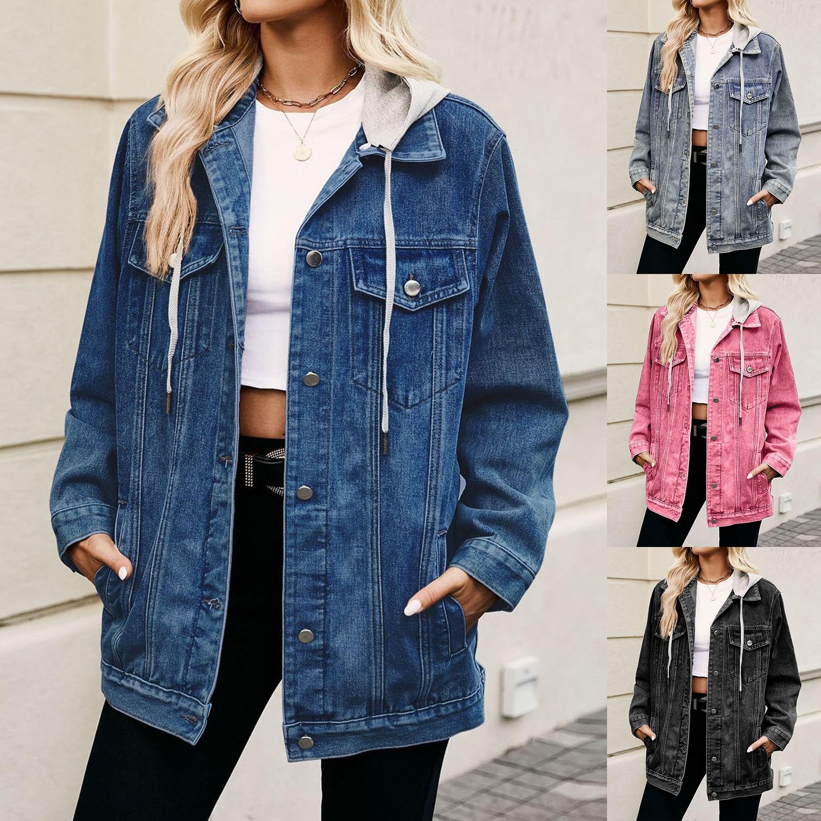 Generisch Chaqueta vaquera para mujer, con forro de gran tamaño, chaqueta vaquera larga con capucha, chaqueta vaquera cálida de invierno, chaqueta acolchada de manga larga con botones y bolsillos