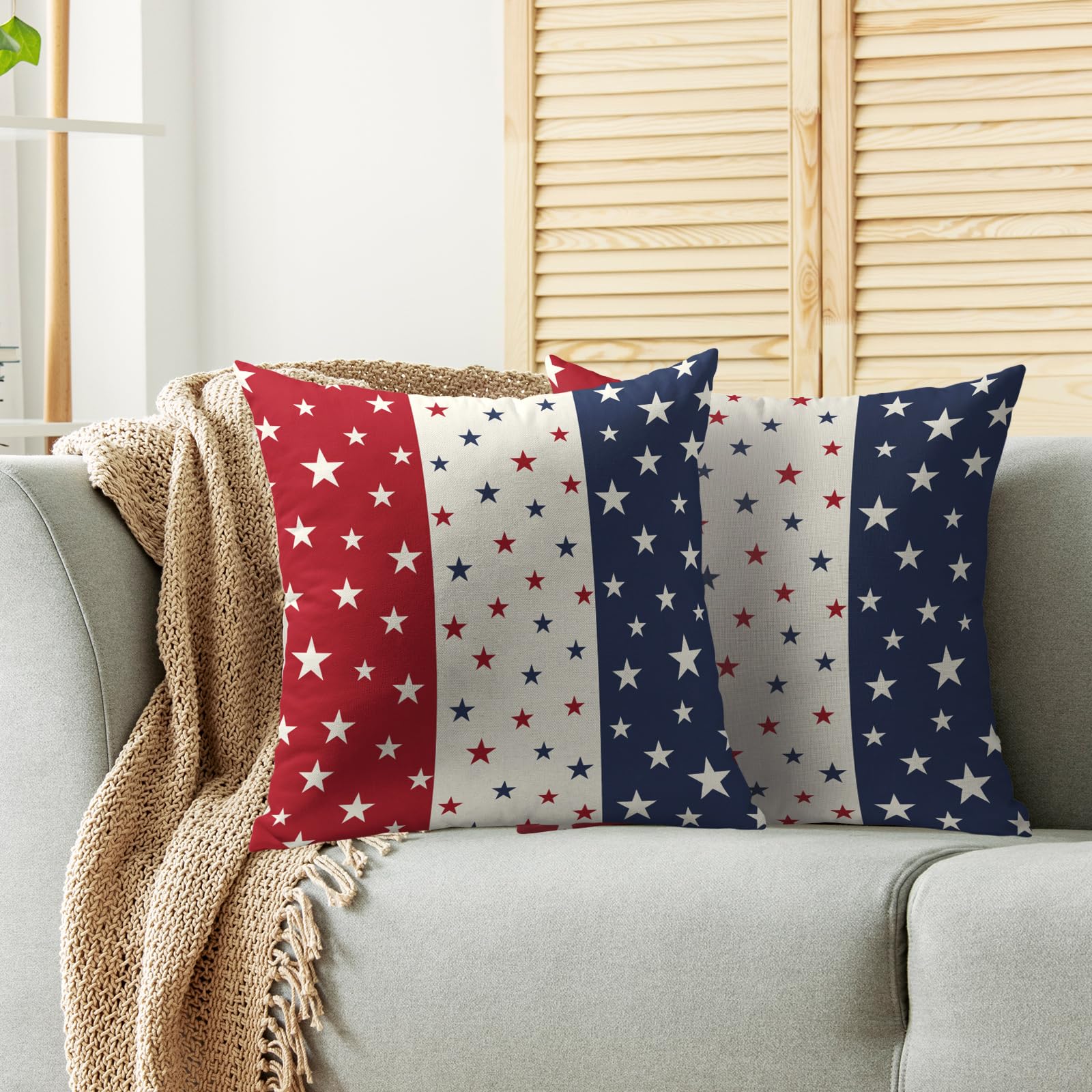4th of July Patriotic Blue Red Pillow Covers 18X18 Set of 2, Fourth July Independence Star Print Decorative Throw Pillowcases Outdoor Farmhouse Memorial Day Cushion Cases Couch Sofa Bed Decor 1