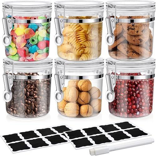 Umigy Juego de 6 tarros acrílicos transparentes, recipientes de almacenamiento de alimentos de acrílico con tapas de abrazadera, juego de etiquetas
