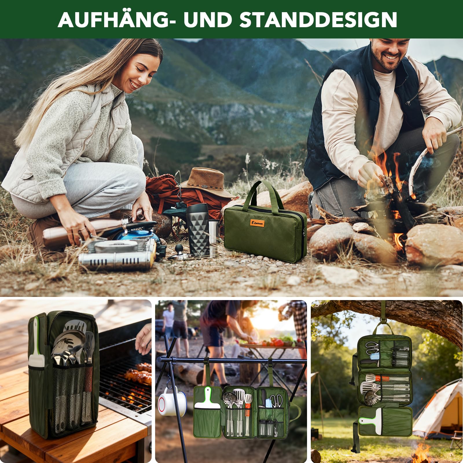 E EASTSTORM Camping Küchenhelfer Set mit wasserdichte Tasche,Camping Geschirr,Klein und Tragbar,Geeignet für Outdoor,Bergsteigen,Wandern,Camping Set für Rucksäcke, Dunkelgrün