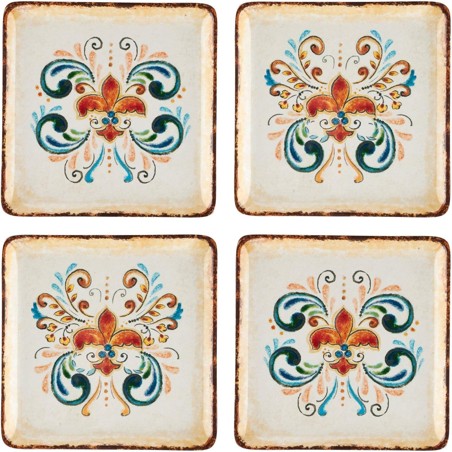 UPware 16 Piece Tuscany Melamine Dinnerware Sets, Outdoor Dishes Set, Plates and Bowls Sets, Service for 4, Multicolor