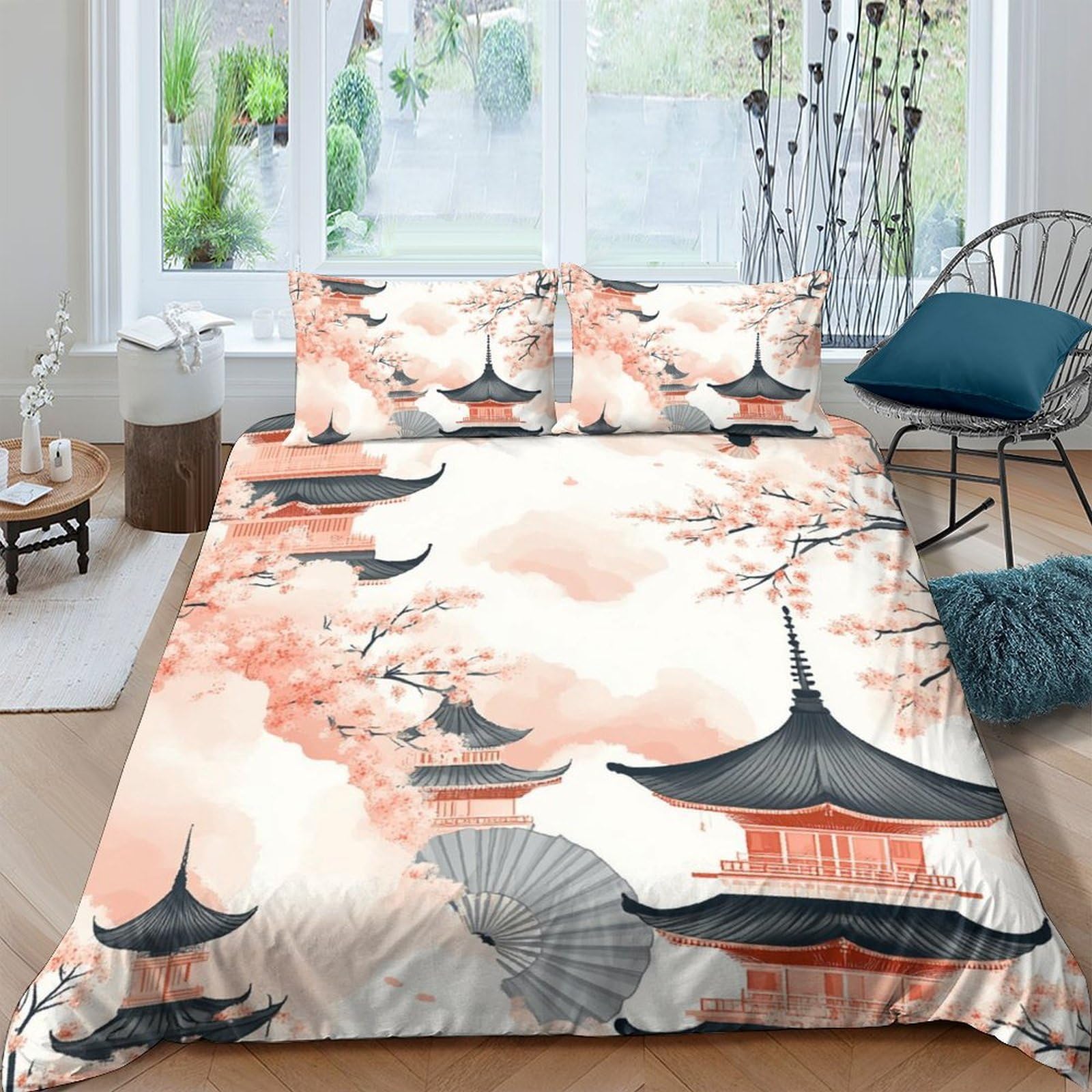 Ctjqhvkz Style-8 3D Printed Japanese Pagoda Fitted Sheet Microfiber Cherry Blossom Mattress Cover Anti-Slip Washable For Bedroom Decor Single（135X200cm）
