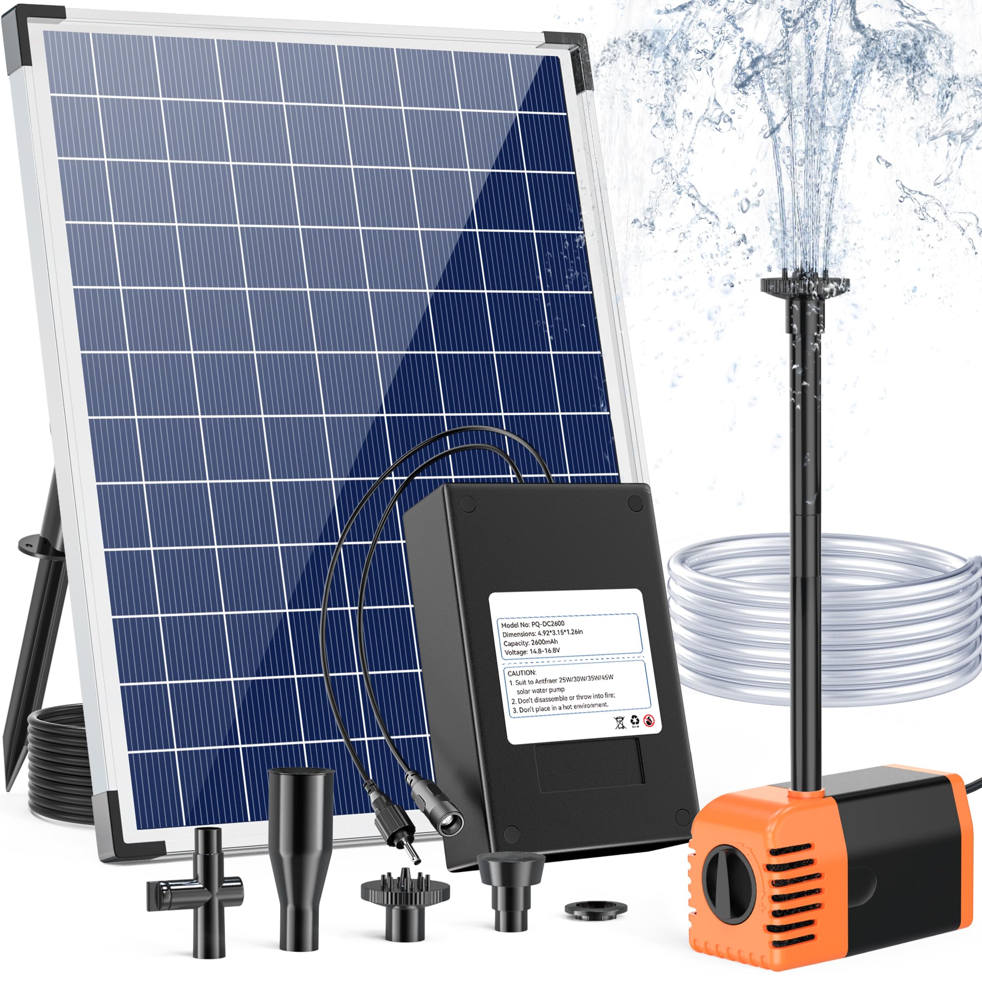 Antfraer Solar Water Pump with 2600mAh Battery Backup, 25W Solar Fountain Pump 410GPH+ Flow Adjustable with PVC Tubing & 17Ft Cord Solar Water Fountain Kit for Fish Pond Garden Waterfall Hydroponics