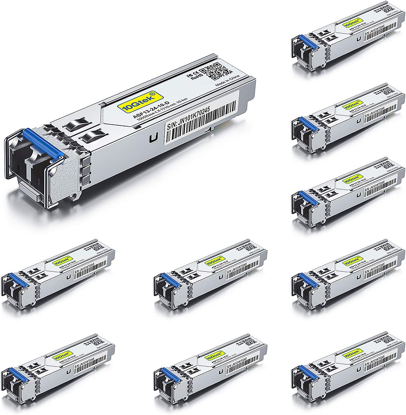 10Gtek 1.25G SFP 1000Base-LX Transceiver, 1310nm SMF Fiber Optic Module, up to 10 km, for Cisco GLC-LH-SMD/GLC-LH-SM/SFP-GE-L, Meraki MA-SFP-1GB-LX10, Ubiquiti UniFi UF-SM-1G, Fortinet, Pack of 10