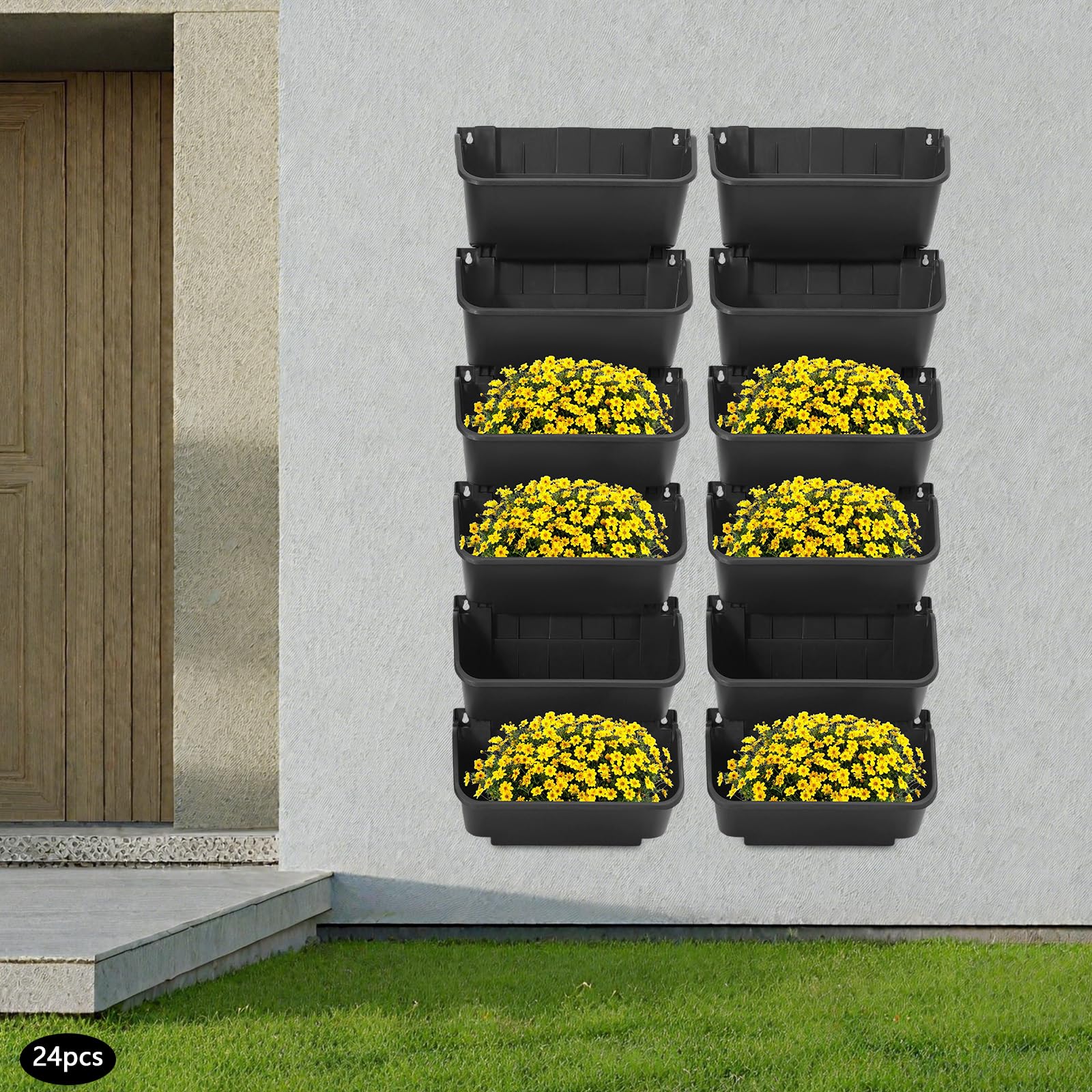 Macetero colgante de plástico con enrejado, tubo de bajante, maceta de pared para plantas, maceta de pared con riego automático, pared vertical para plantas, 24 unidades (verde militar) (negro)
