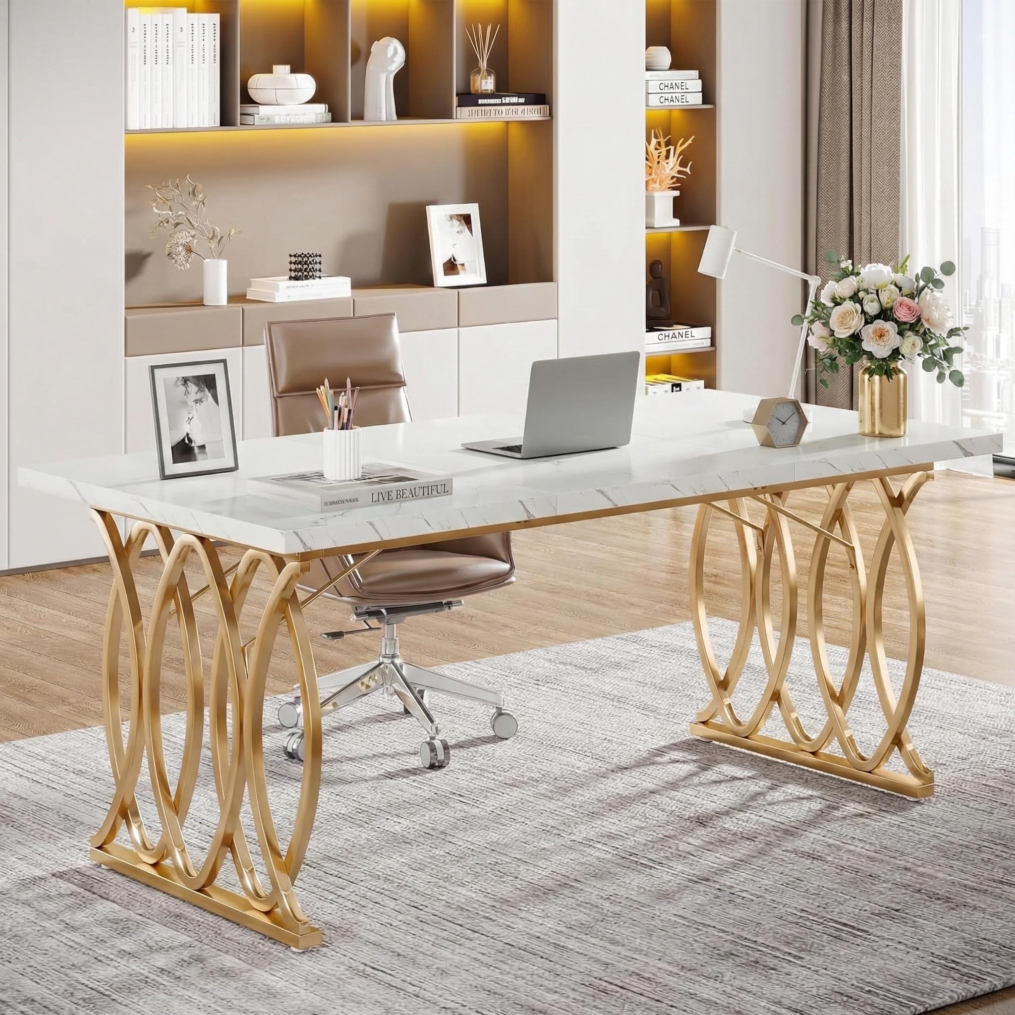 Lailang 160cm Scrivania Per Pc E Stampante, Tavolo Ufficio Riunioni, Mobili Ufficio Moderni, Scrivania Gaming Bianca, Arredamento Casa, Tavolo Legno, 160 x 80 x 75 cm, Oro