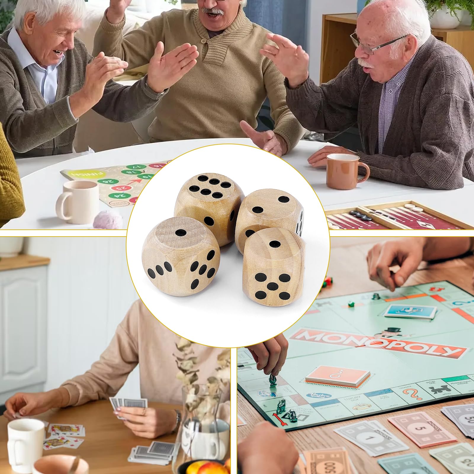 4Pcs Dadi Da Gioco in Legno 30mm,Dadi Da Gioco in Legno Naturale,Giochi Di Carte Accessori Per Giochi Di Società
