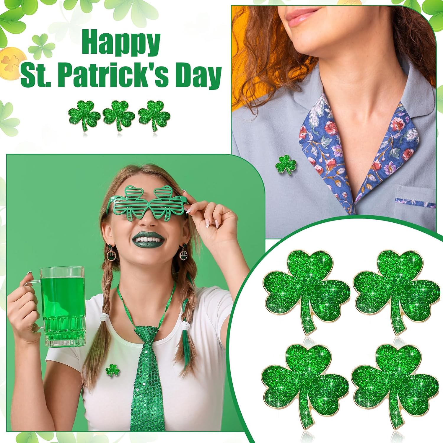 Ecation St. Patrick's Day Lapel Pin 1 Inch Shamrock Lapel Hat Pins for Women Irish Culture Celebration