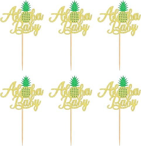 Miniatura 8 de Ercadio Aloha - Paquete de 24 adornos para cupcakes de piña con purpurina Hawaii Aloha Baby Cupcake Picks Hawaiian Luau Tropical Summer Aloha