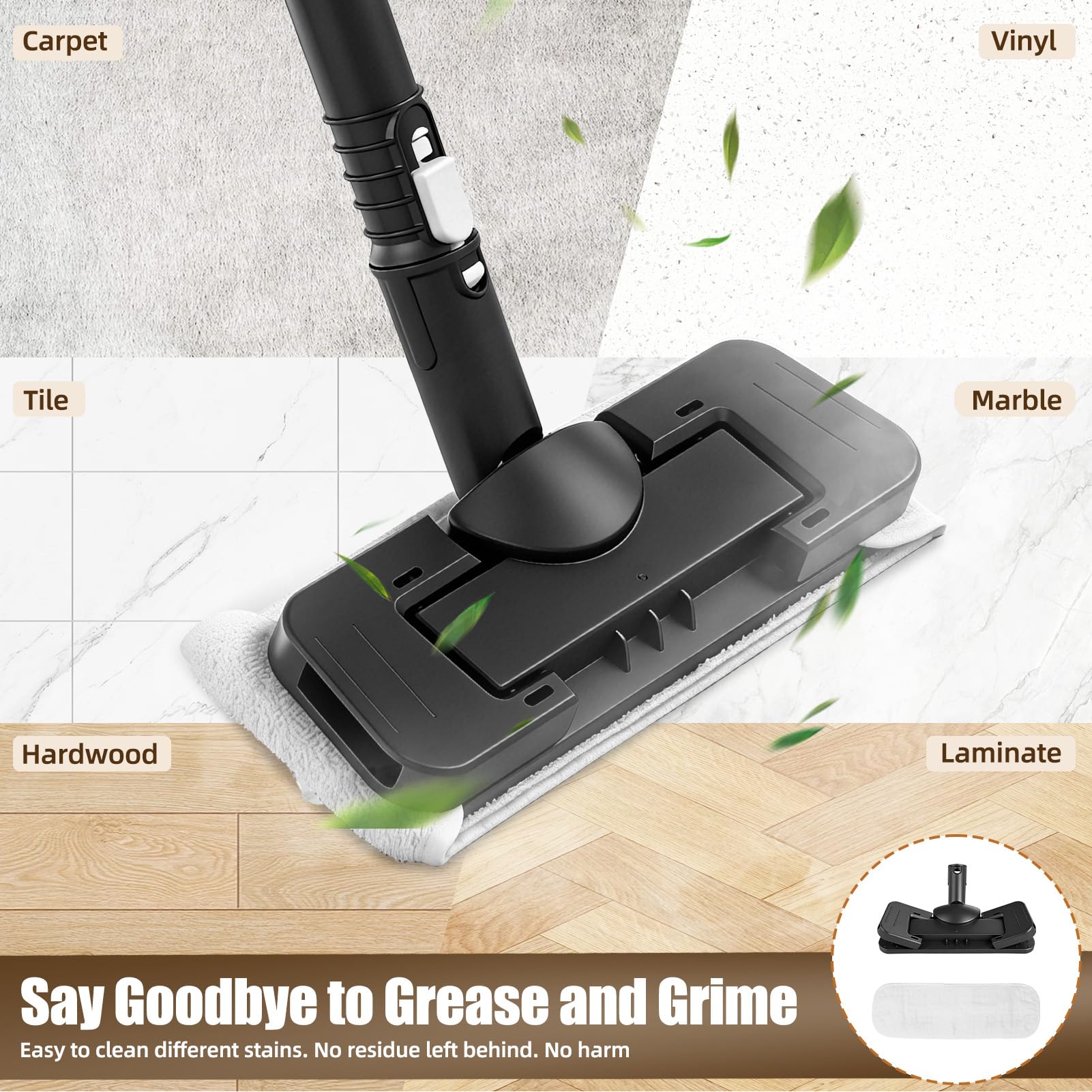 2 in 1 Pulitore a Vapore Portatile/Scopa a Vapore, 1050W Steam Cleaner 135°C Riscaldamento Rapido con 350ml Serbatoio, per Varie Superfici Come Piastrelle Divani e Cucine