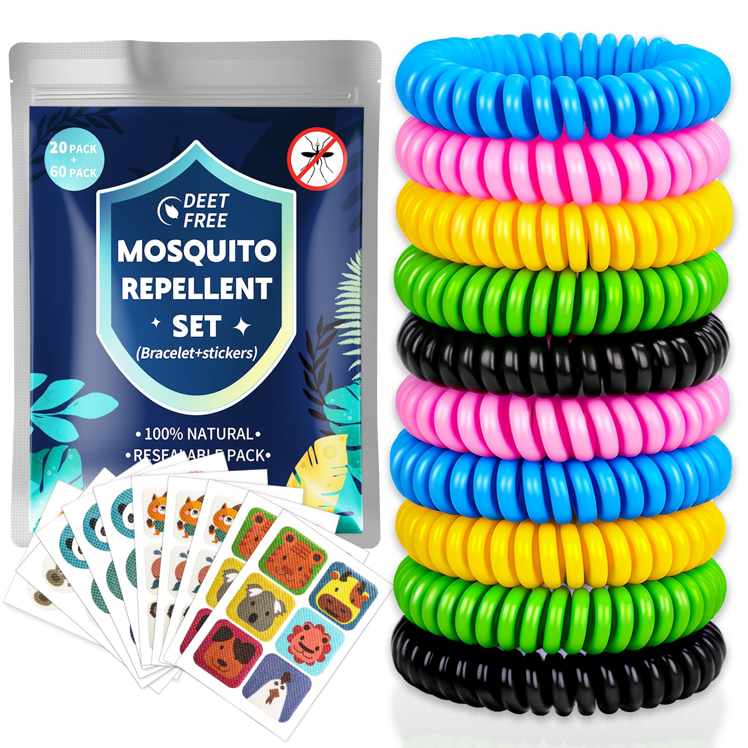 Braccialetti Antizanzare - 20 Pezzi Braccialetto Repellenti per Zanzare con 60 Cerotti Antizanzare per Bambini Adulti, Bracciale Zanzarella per Interni ed Esterni