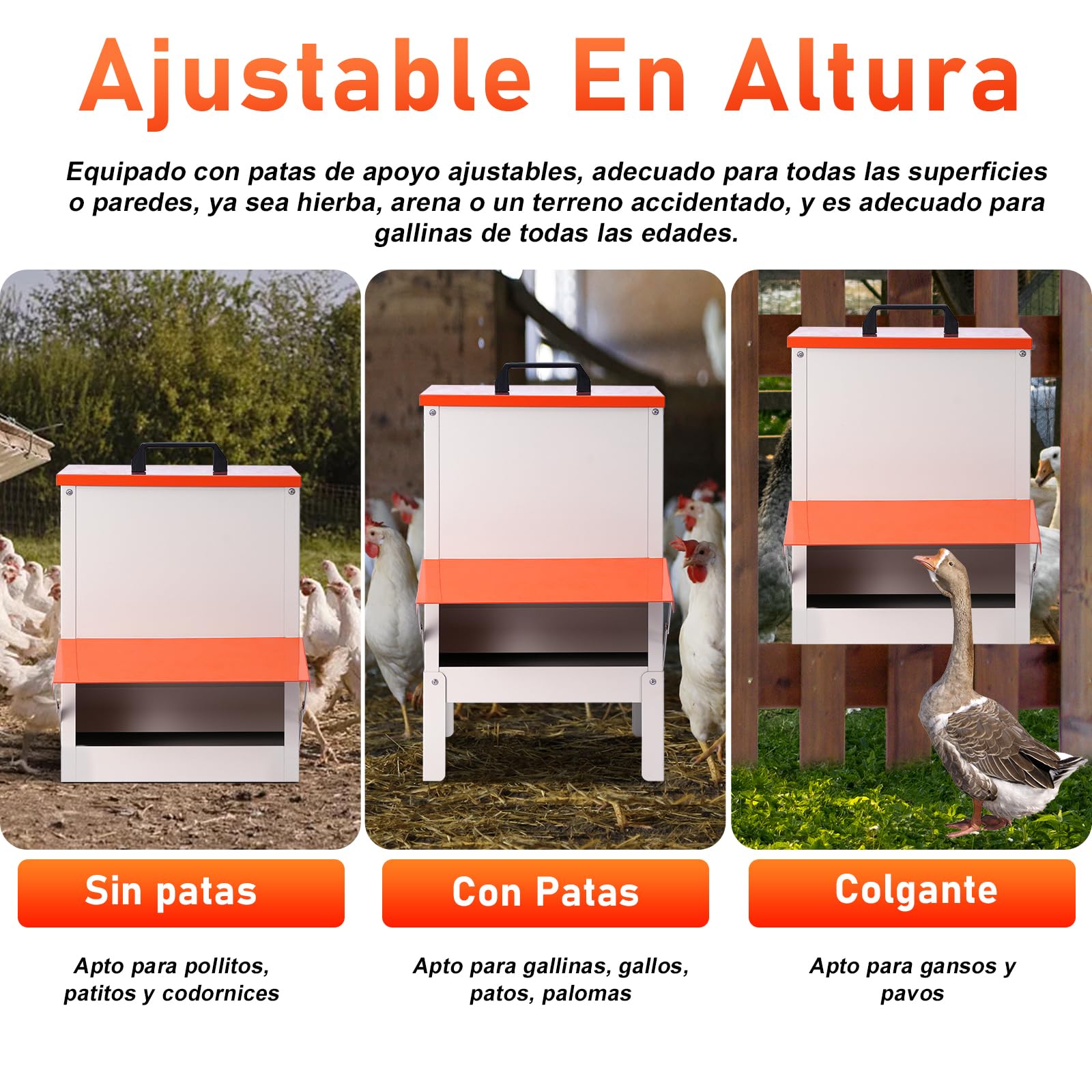 Comedero Automático para Gallinas con Patas Elevadas, Dispensador de Alimento Metálico de 15KG, para Instalación Colgante, Resistente y Duradero