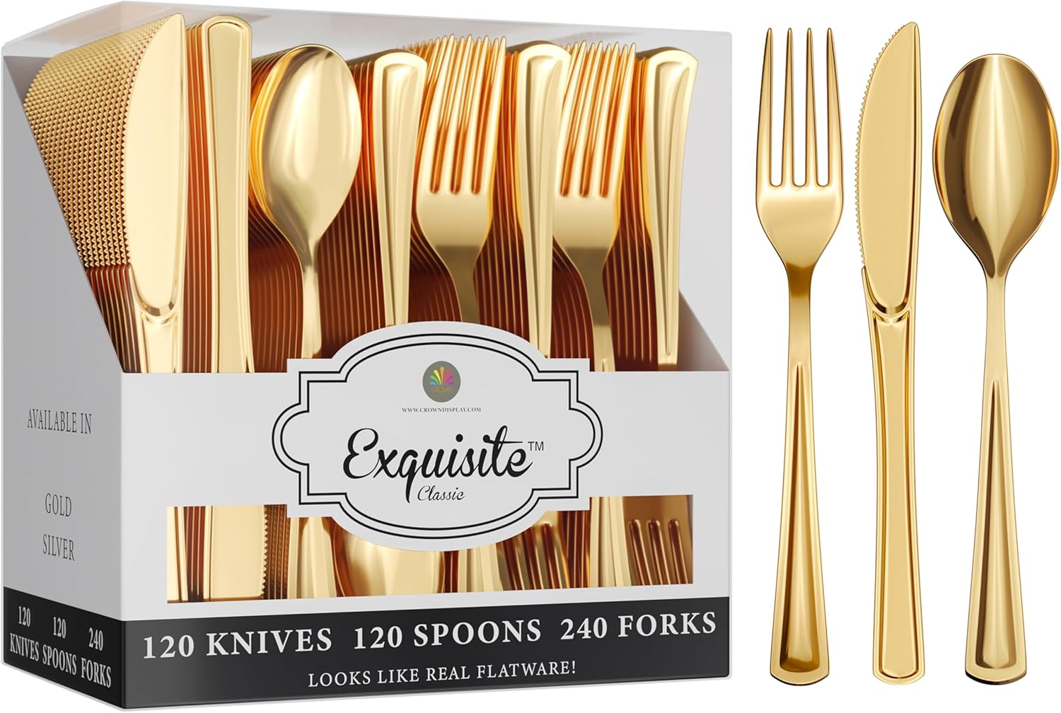 Gold Plastic Silverware Heavy Duty 480 Pcs- 240 Gold Plastic Forks Heavy Duty, 120 Spoons & 120 Knives - Disposable Silverware Set, Flatware Sets Disposable Utensils For Catering & Parties Exquisite