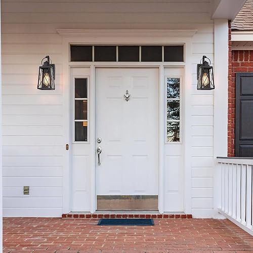 Miniatura 6 de Paquete de 2 lámparas de pared negras para exteriores, apliques de pared exterior de granja con vidrio semillado, linternas modernas impermeables