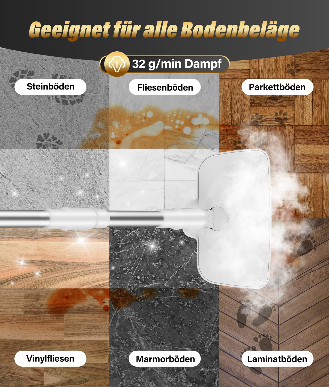 PAHTTO Multifunktions-Dampfreiniger mit abnehmbarem Handdampfreiniger, 17 Aufsätzen und 500-ml-Wassertank, 15 s Aufheizzeit, Dampfleistung einstellbar, für Böden, Parkett, Fliesen, Fugen, Küche, Bad