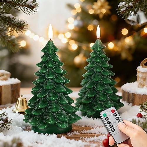 2 velas de árbol de Navidad sin llama con temporizador remoto, velas parpadeantes que funcionan con pilas, velas LED de cera real para celebración