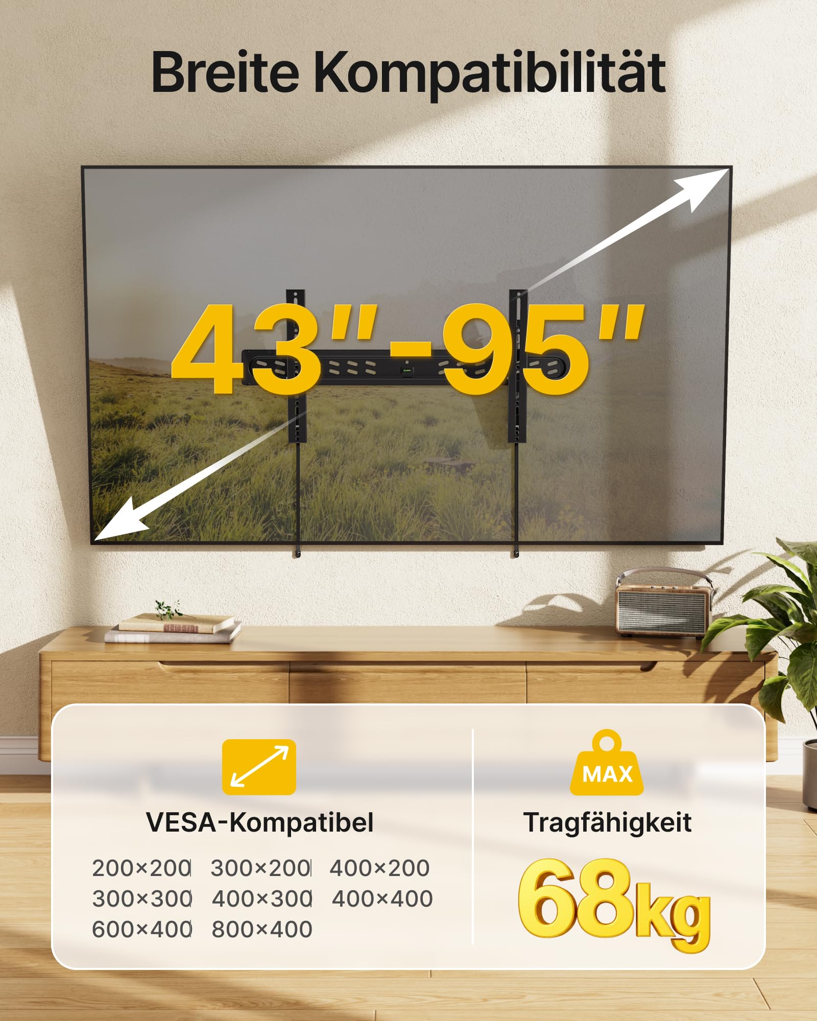 monTEK TV Wandhalterung Ultra Slim für 43–95 Zoll Fernseher | Neigbar, Schwerlast bis 68 kg, Mit Zugband, Max. VESA 800x400 mm, Einfach Anzubringen und Abzunehmen