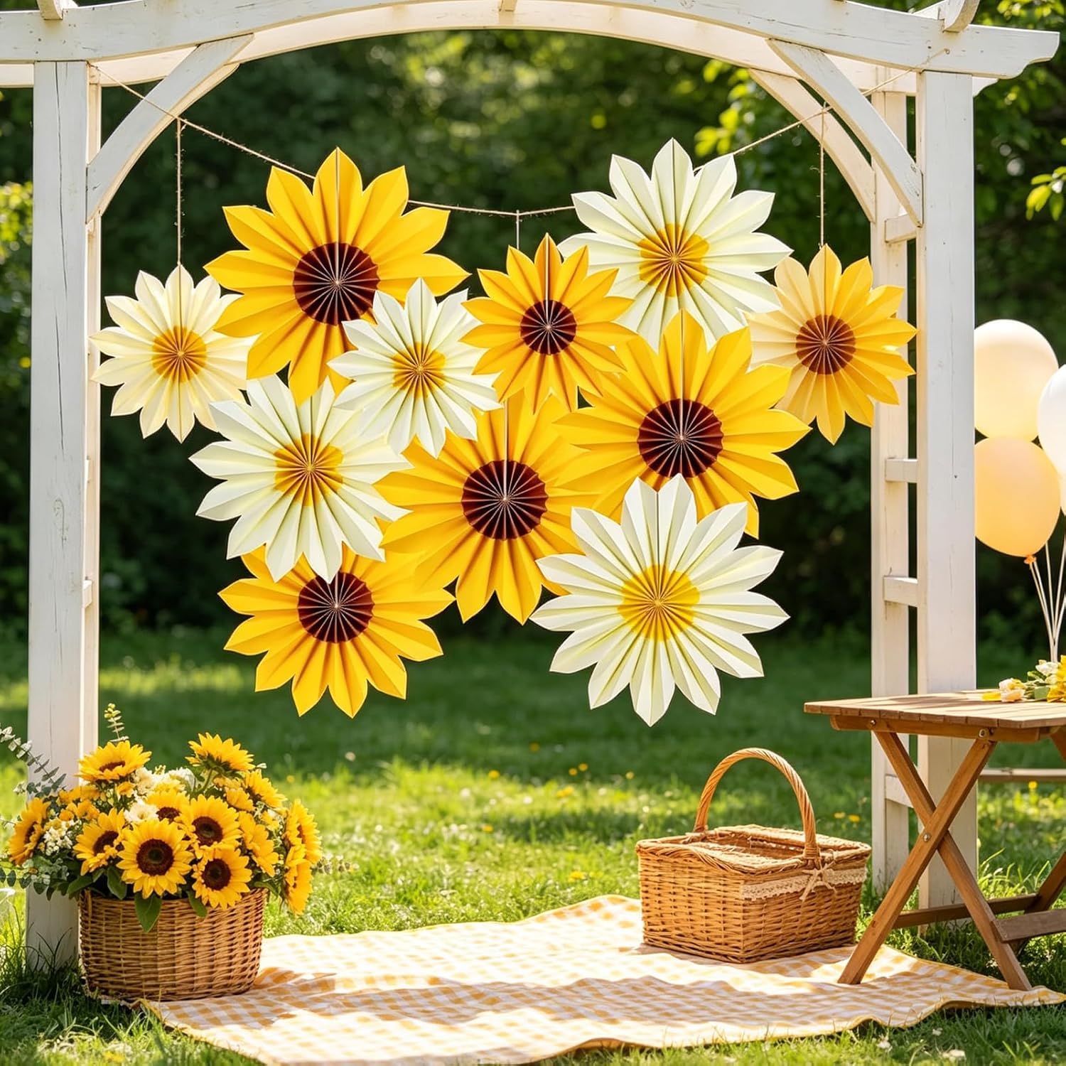 EASY JOY 9PCS Sunflower Party Decorations Sunflower Paper Fans Yellow Birthday Decorations Hanging Paper Flower Fan for Women for Summer Baby Shower Bulletin Board Decorations