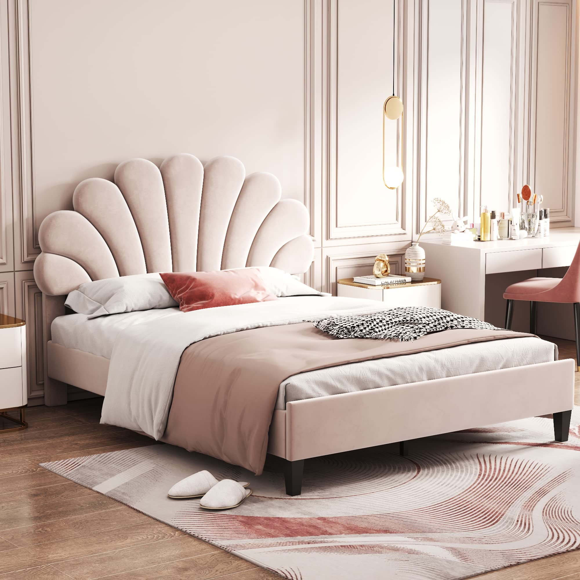 Letto matrimoniale imbottito 140 x 200 cm, telaio con testiera a forma di fiore e rete a doghe, letto per adulti e ragazzi in tessuto di velluto delicato sulla pelle, letto per ospiti beige