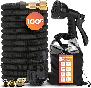 Expandable Garden Hose - with 8 Function Spray Nozzle - Heavy Duty Flexible Water Hose - 100 Ft with Solid Brass Fittings for Outdoor Gardening - Retractable and Lightweight Hose with Storage Bag