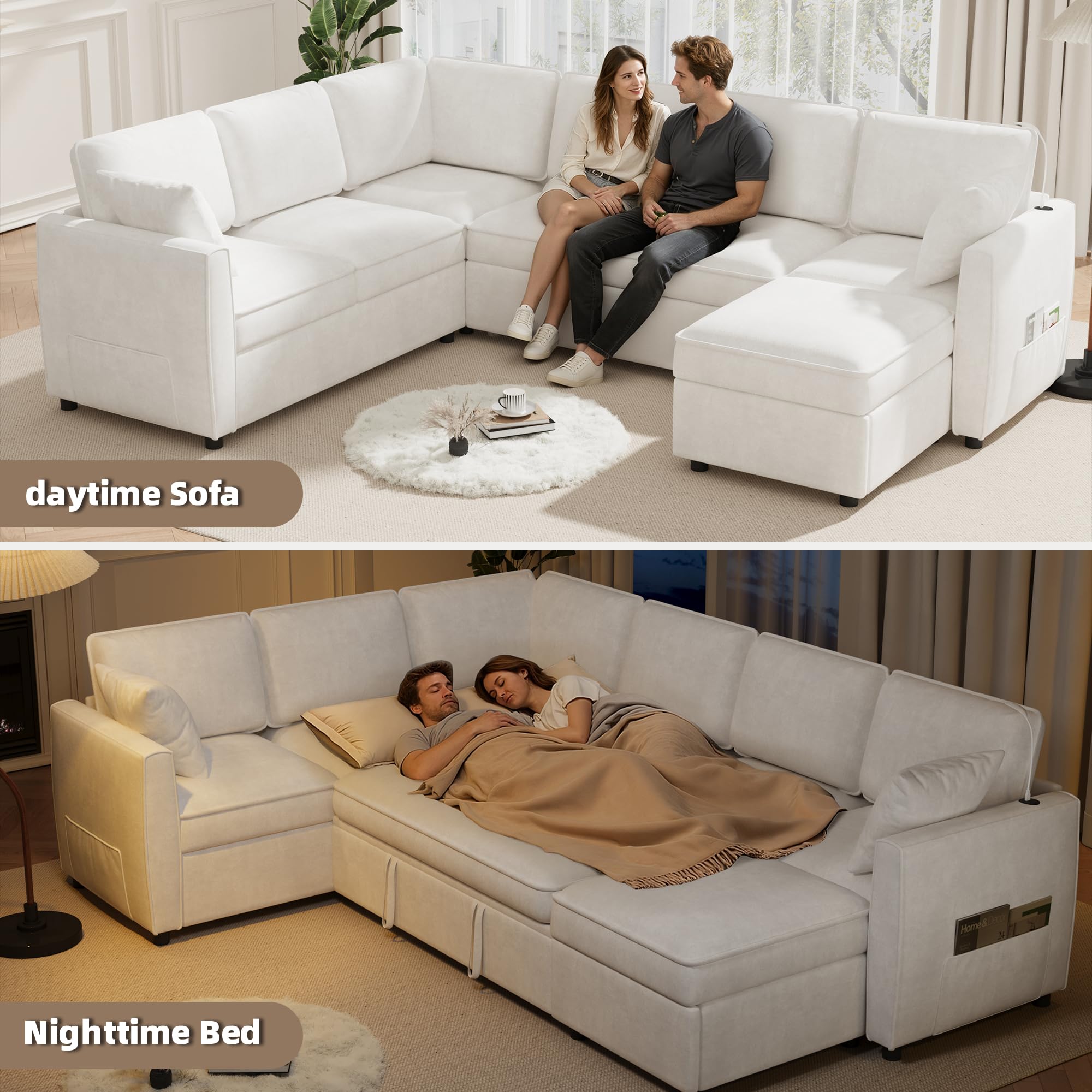 Condition photo showing Good Condition for 120" sectional sofa couch with pull out bed, 7 seat u shaped pull out couch bed with usb ports, velvet modular sleeper sofa bed with throw pillows, large sectional couches for living room, beige ( incomplete)