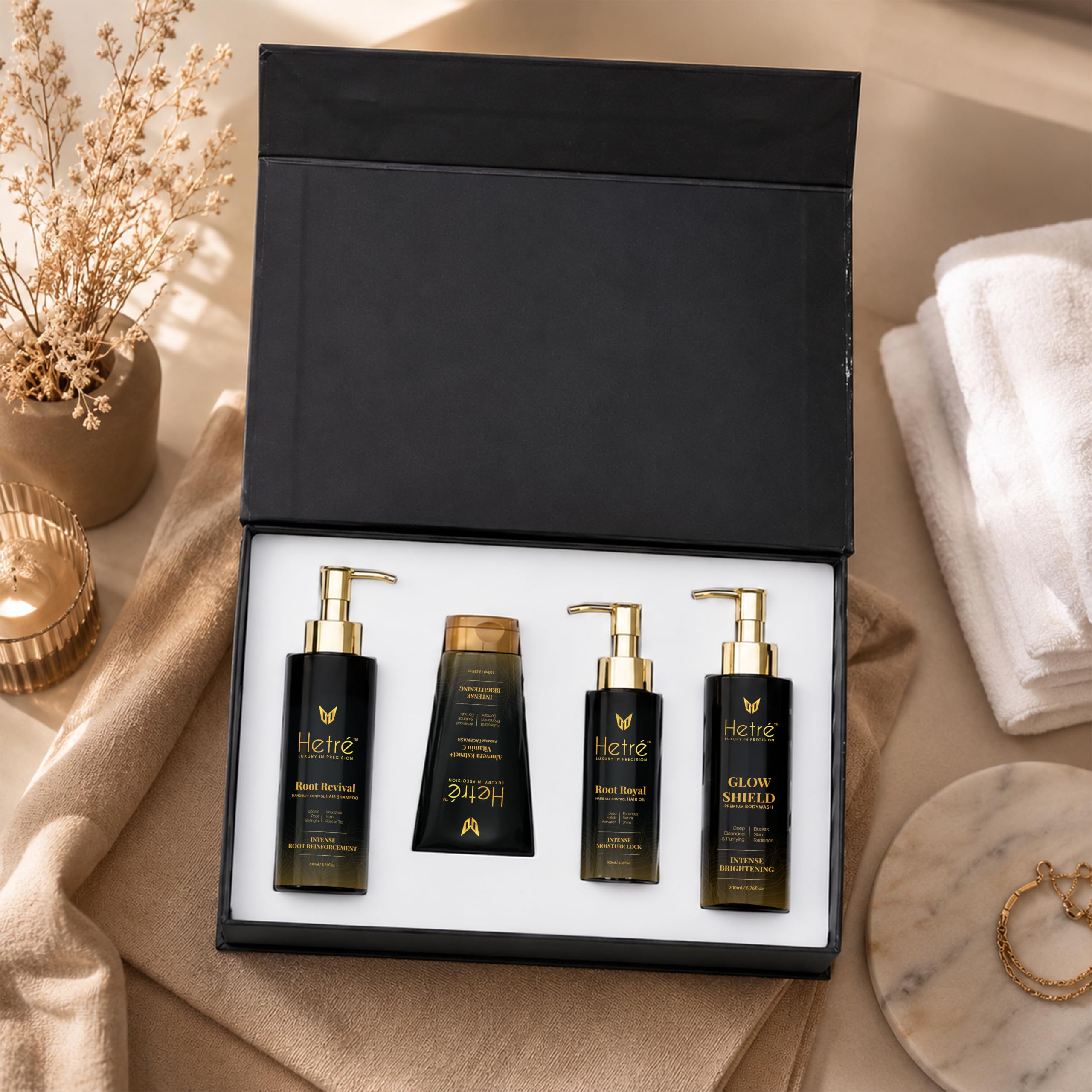 Hetre Luxury Hair & Skin Care Gift Set, 4 Pieces | Root Revival Shampoo, Root Royal Serum, Glow Shield Lotion, Intense Brightening, Black & Gold Packaging-image-19