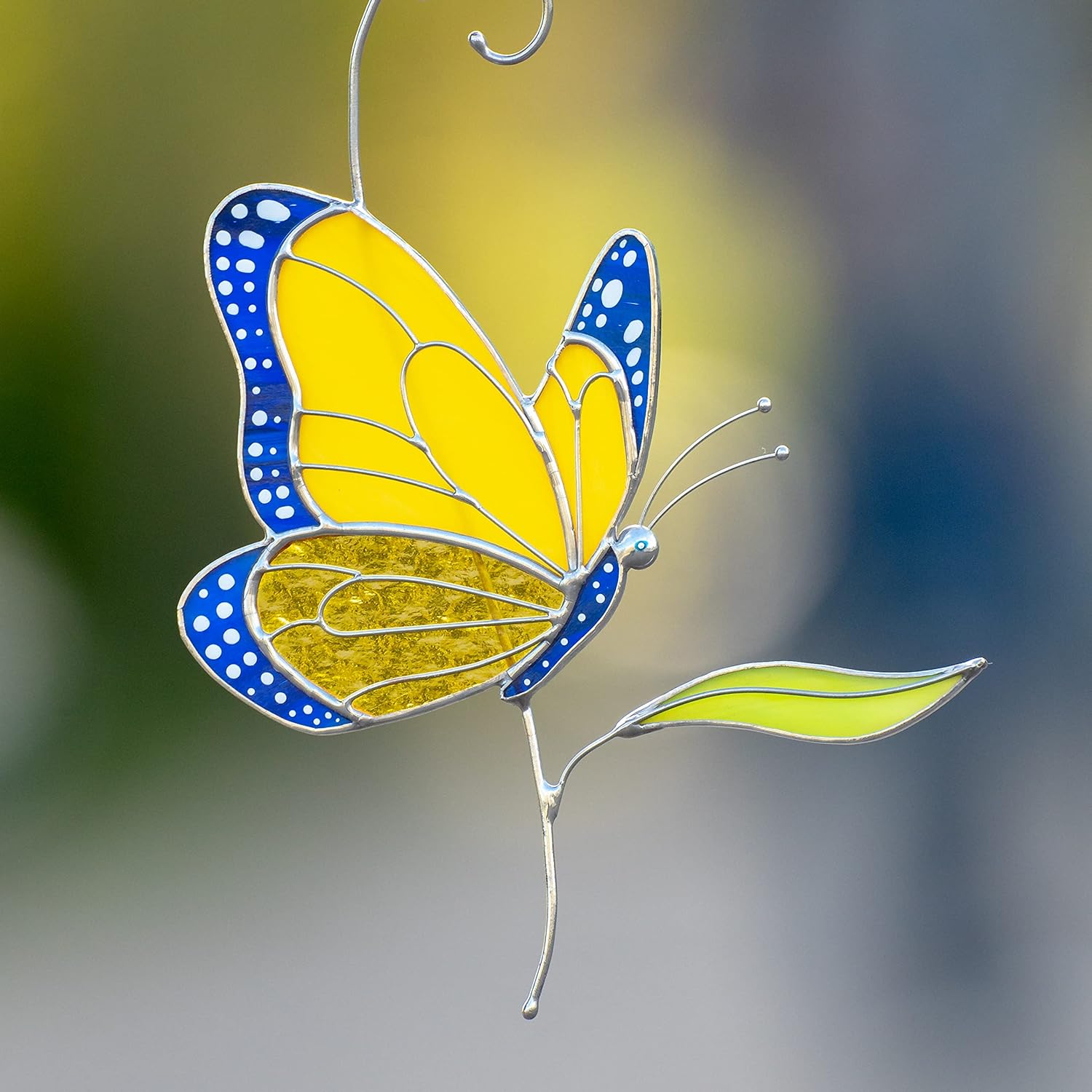 Monarch Butterfly Ukrainian Flag Butterfly Handmade Stained Glass Suncatcher Stained Glass Window Hangings Unique Indoor Ornament & Outdoor Decor (UKRAINIAN) : Handmade Products