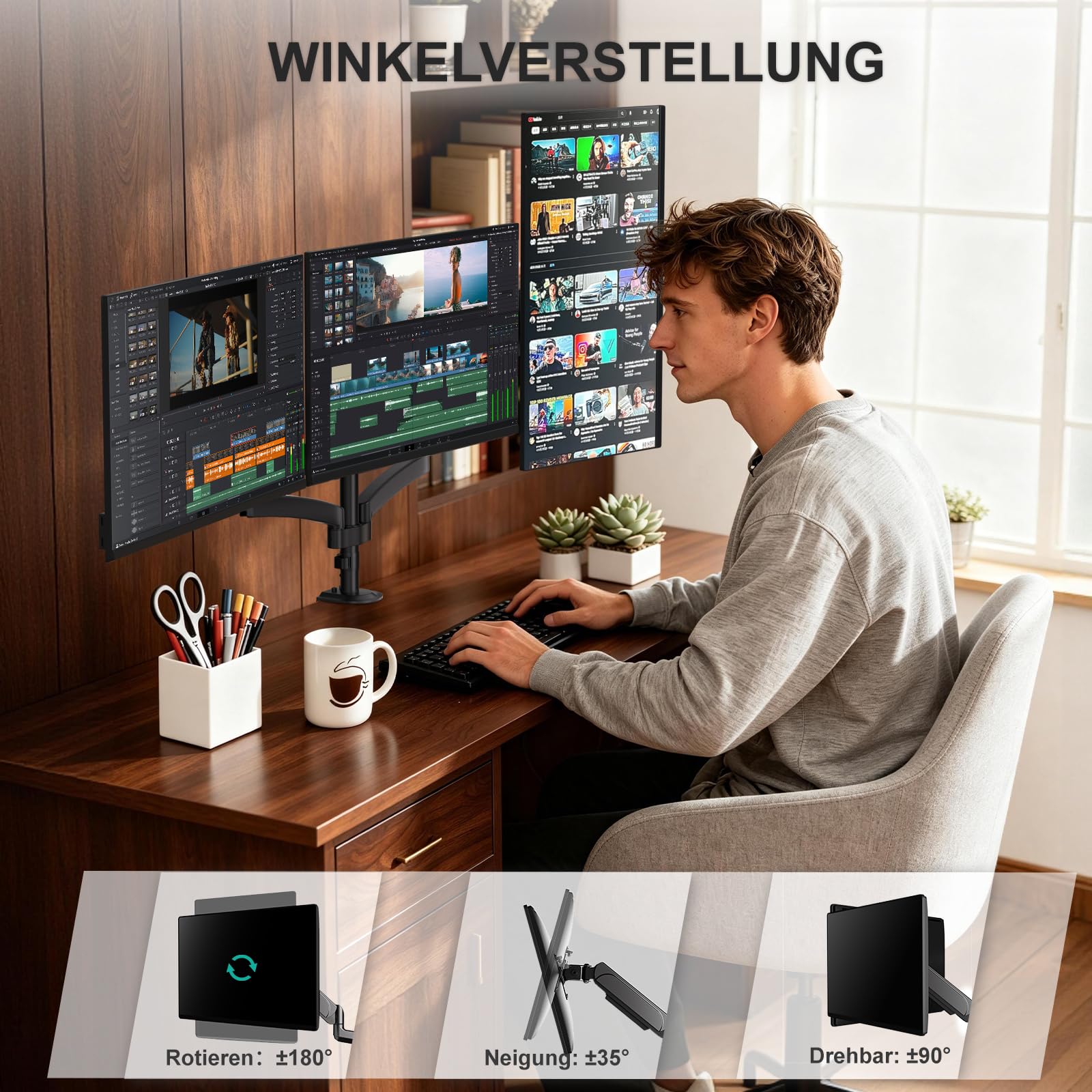 WALI Monitorhalterung 3 Monitore,Triple Tischhalterung mit Gasfederarmen für Bildschirme bis 32 Zoll, Bildschirmhalterung 3 Monitore VESA 75x75/100x100mm (GSDM003),Schwarz