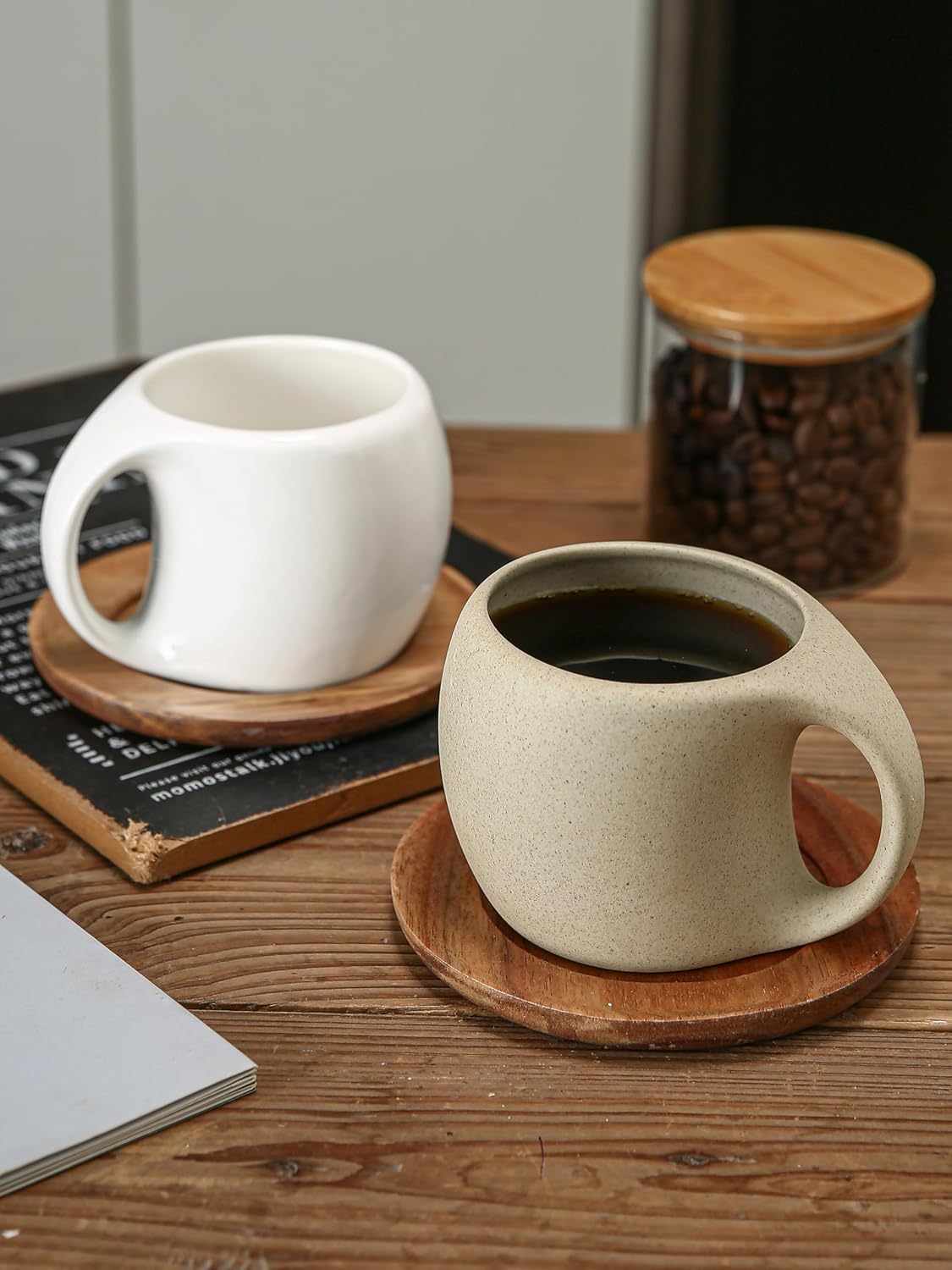 6 Oz Coffee Cup Mug Espresso Cups Set, Ceramic Cup with Natural Acacia Wood Saucer for Espresso, Latte, Cappuccino Coffee, Tea, Unglazed Porcelain Arty Mug (Natural Earthiness Finish) - Image 4
