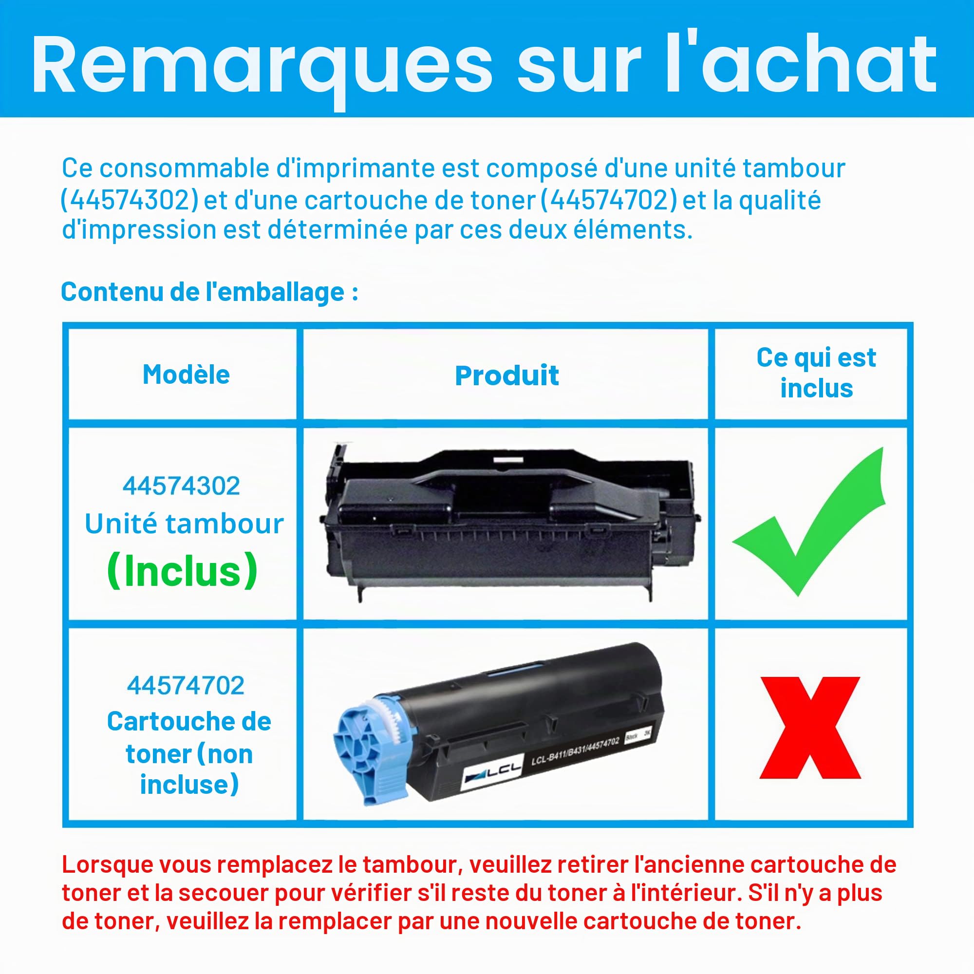 LCL Tambour Compatible B411 B431 B412 B432 MB461 44574302 (1 Noir) Remplacement pour OKI B411 B411d B411dn B431d B431dn Plus MB491 Plus MB491dn