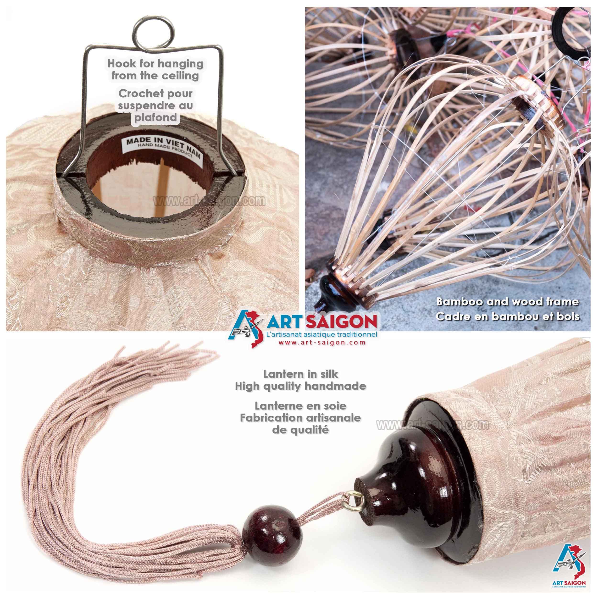 Lanterne Asiatique en Soie T Ø39cm, Couleur Champagne Rosé - Lampion Traditionnel de Hoi an en Tissu, Bambou et Bois - Artisanat et Décoration du Vietnam (T25-BE)
