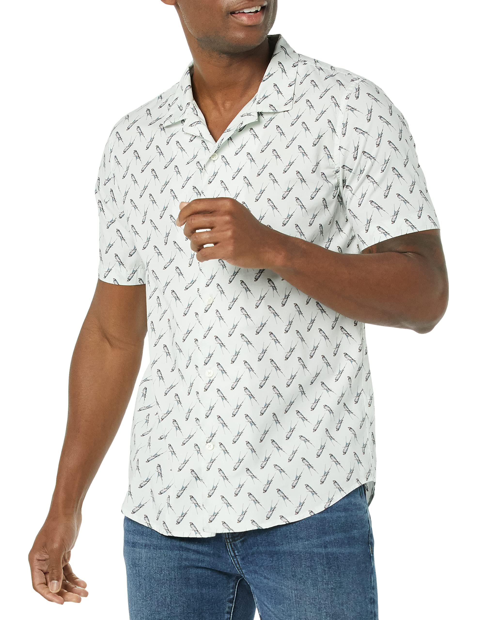 Amazon Essentials Camisa de Vacaciones Ajustada para Hombre, Estampado de pájaros celestes, Talla XS
