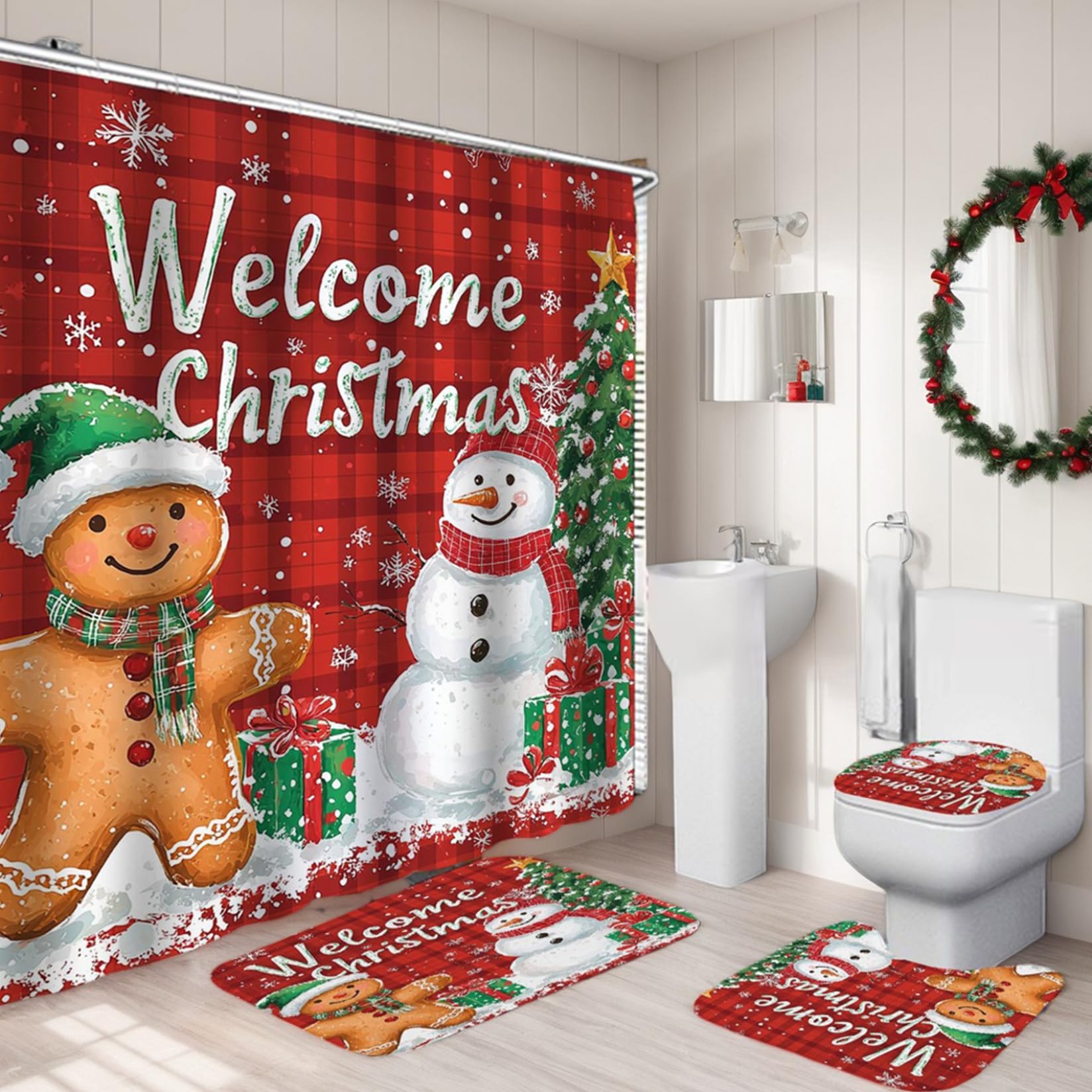 Christmas Shower Curtain Set Gingerbread Man Snowman Christmas Bathroom Sets with Toilet Lid Cover 4PCS/Set Bathroom Rugs Waterproof Shower Curtain with Hooks