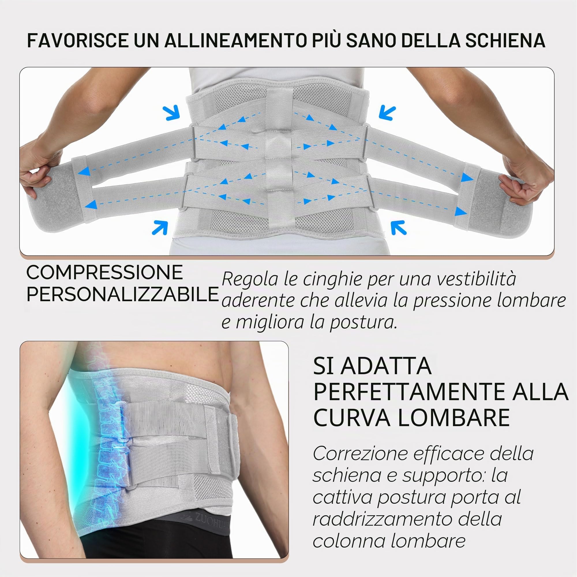 NEOtech Care - Fascia per schiena/parte bassa della schiena - Regolabile con doppio strappo - materiale traspirante e leggero - AMPIO supporto (Grigio, M)