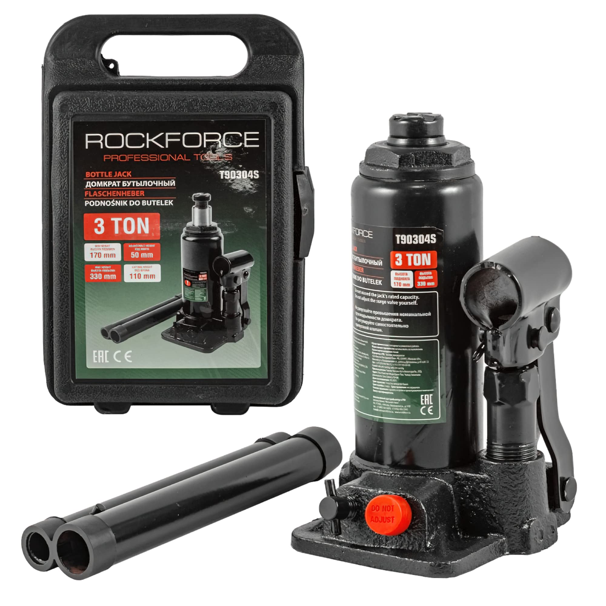 ROCKFORCE 3 T Hydraulic Bottle Jack with Lifting Rod - 170 mm to 330 mm Height Range for Heavy-Duty Lifting Tasks | Ideal for Automotive Workshops and Industrial Settings