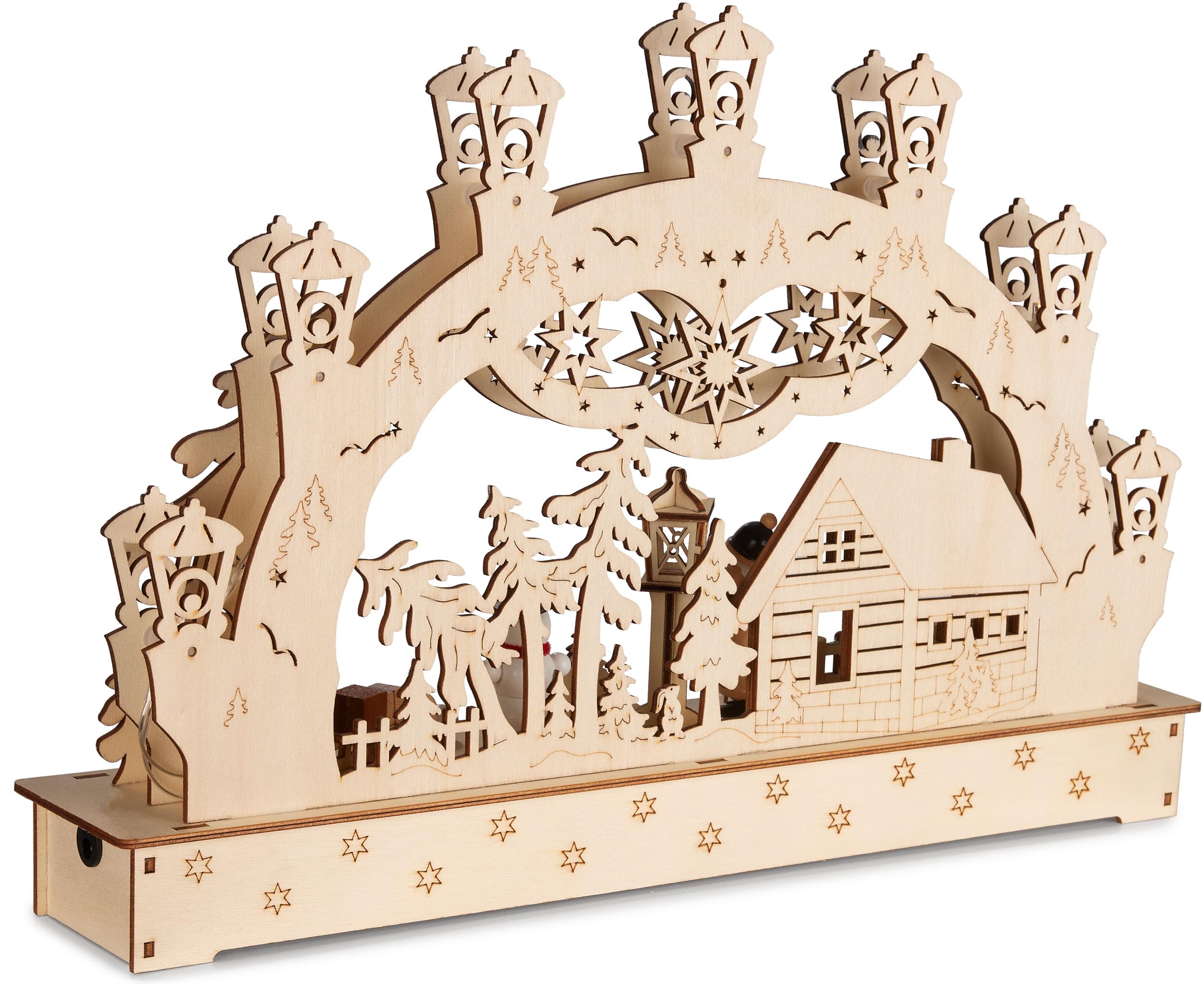 BRUBAKER 3D Lichterbogen - LED Schwibbogen - Weihnachtshaus im Wald mit Laternen - Weihnachtsbeleuchtung aus Holz Natur - 27 x 40 x 7,5 cm - Handbemalte Figuren - Weihnachtsdeko für Tisch Fenster