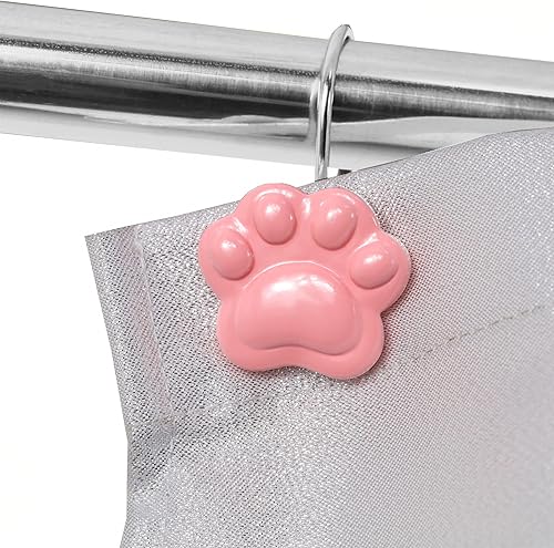 Miniatura 2 de Ganchos decorativos rosados para cortina de ducha bonitos y divertidos gatos y perros, osos con estampado de patas de animales, ganchos y ganchos