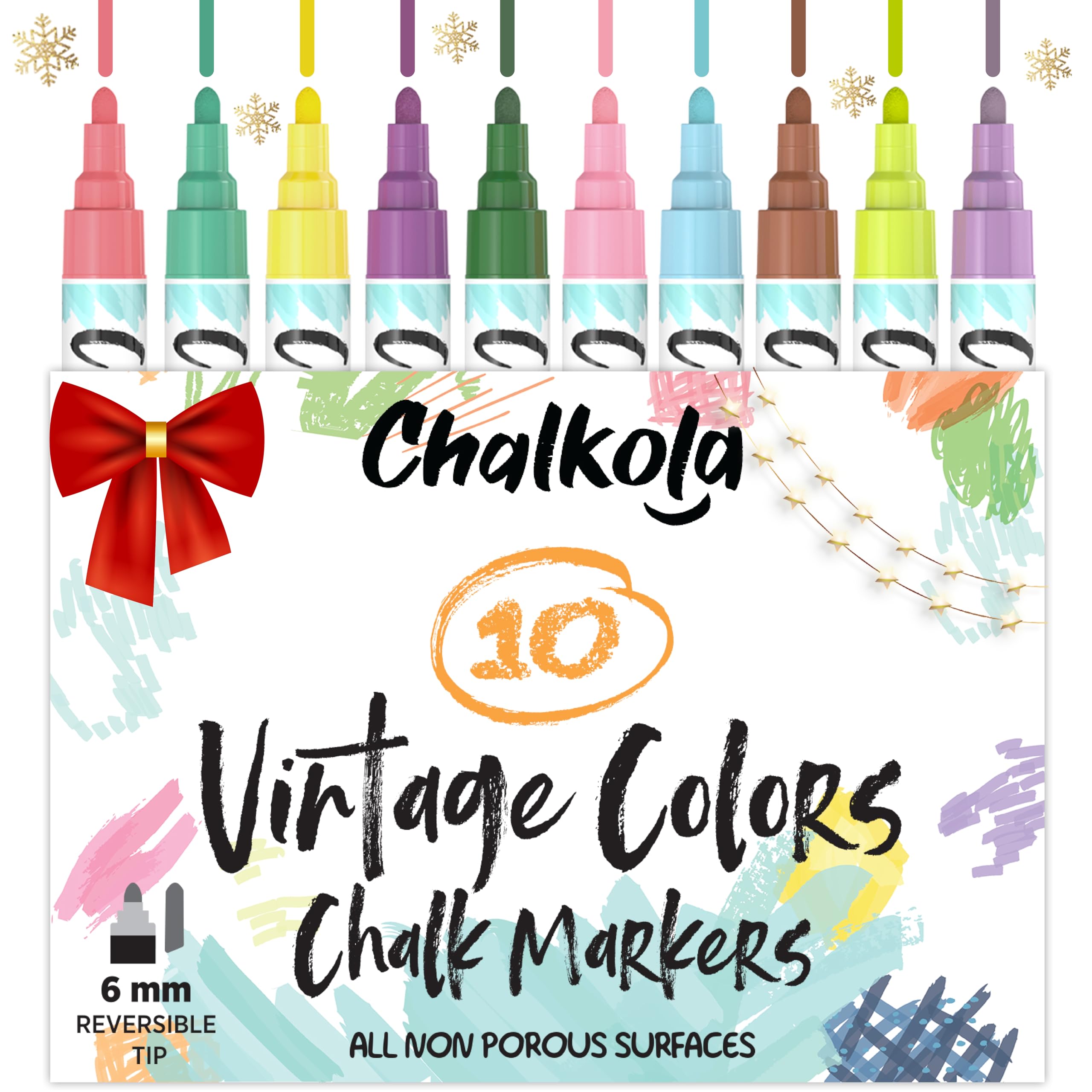 Chalkola Liquid Chalk Markers for Chalkboards (10 Vintage Colors) | Kid Safe, Non-Toxic, Dustless & Erasable | 6mm Reversible Bold & Chisel Nib