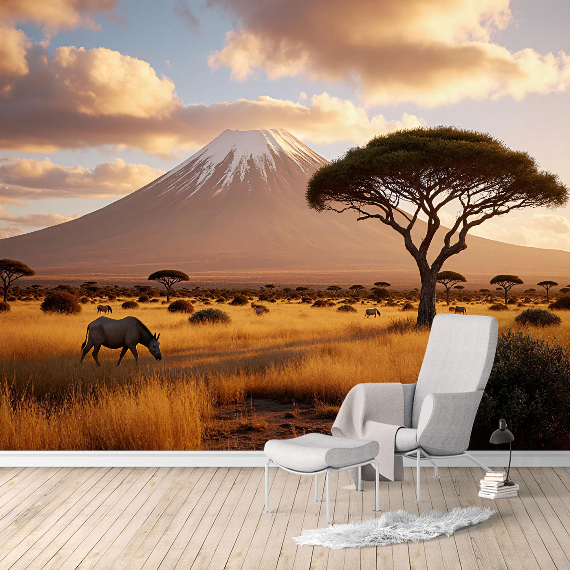 Custom Size Wall Murals, African Savannah Sunset Acacia Trees Wildlife Landscape, Removable Self Adhesive Large Wallpaper Mural for Living Room Bedroom Office Home Decor