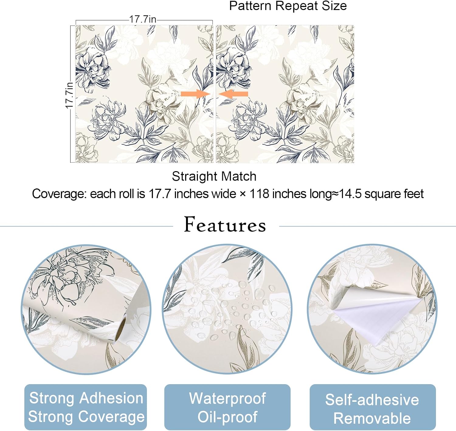 VaryStyle Peony Floral Peel and Stick Wallpaper Vintage Beige/Cream Peonies Floral Wallpaper for Bedroom Bathroom 17.7"x118" Waterproof Vinyl Removable Retro Patterned Contact Paper for Cabinets Walls