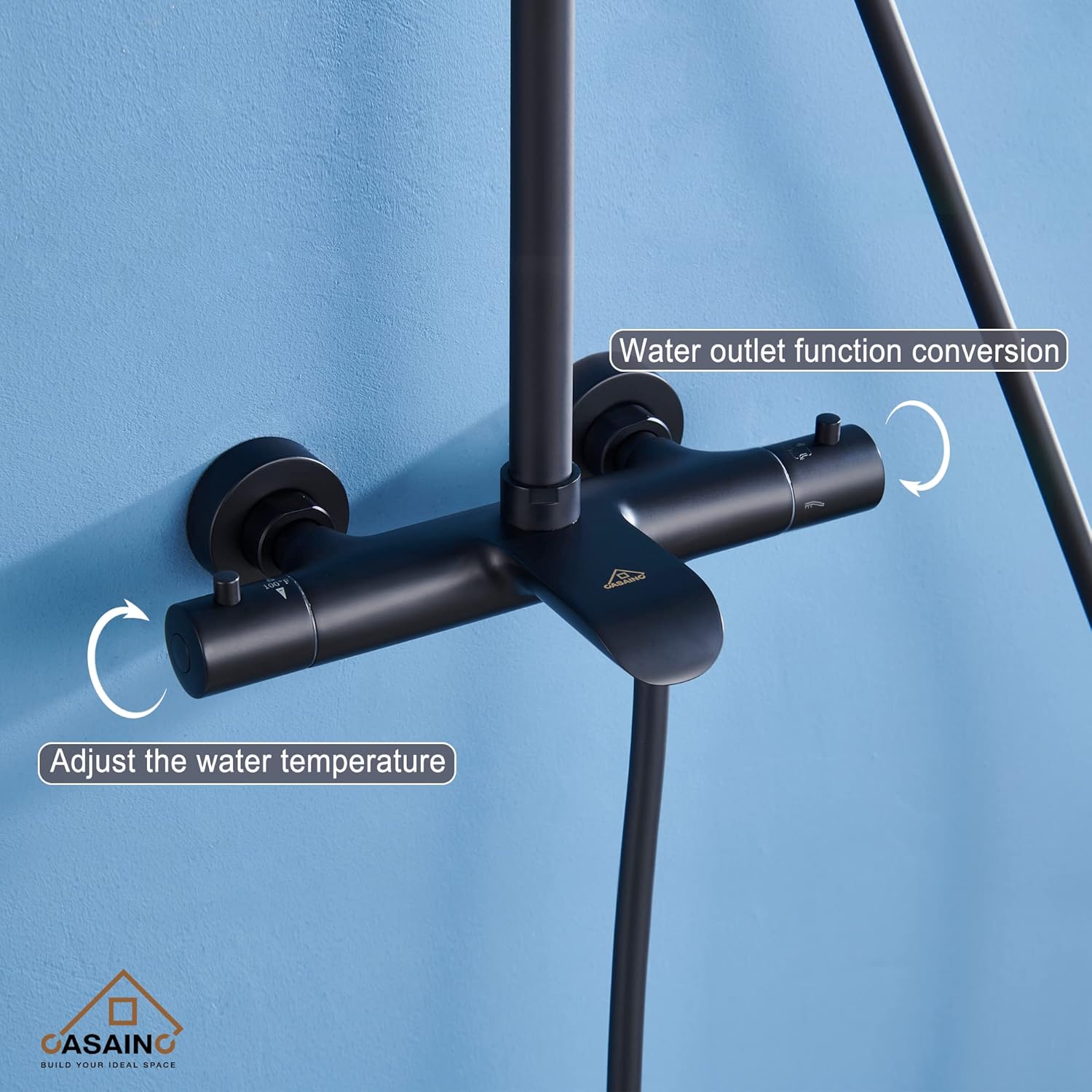 CASAINC Thermostatic Rain Shower Faucet Set 9" Round Rainfall Shower Head with 3 Spray Modes Hand Shower, Wall Mount Water-saving Shower System, 3-Way Diverter (Matte Black)