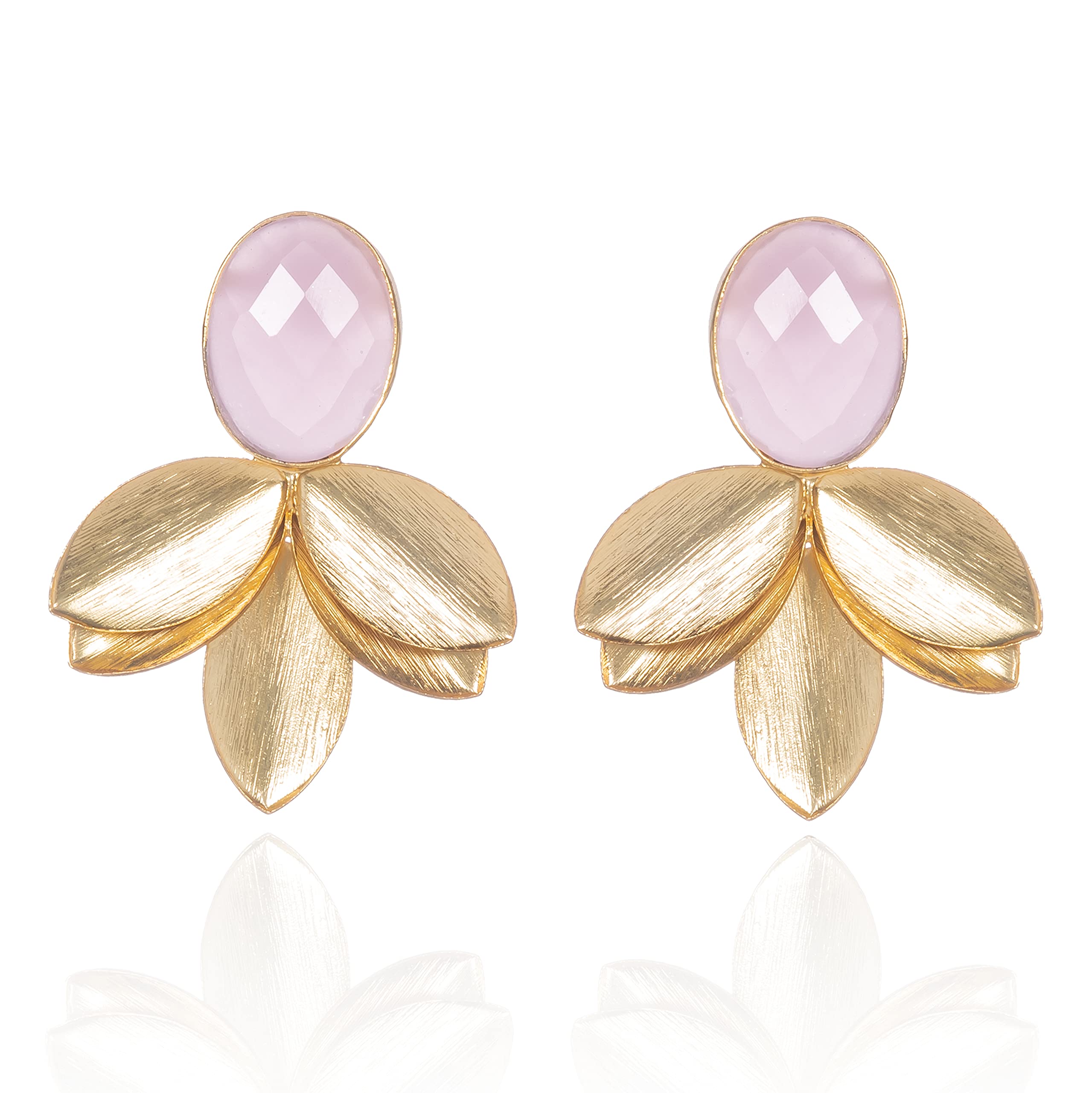 ZAVANALarge Gold Statement Earrings With Natural Gemstones, Leaf Dangle Handmade Earrings for Women, Costume Jewellery