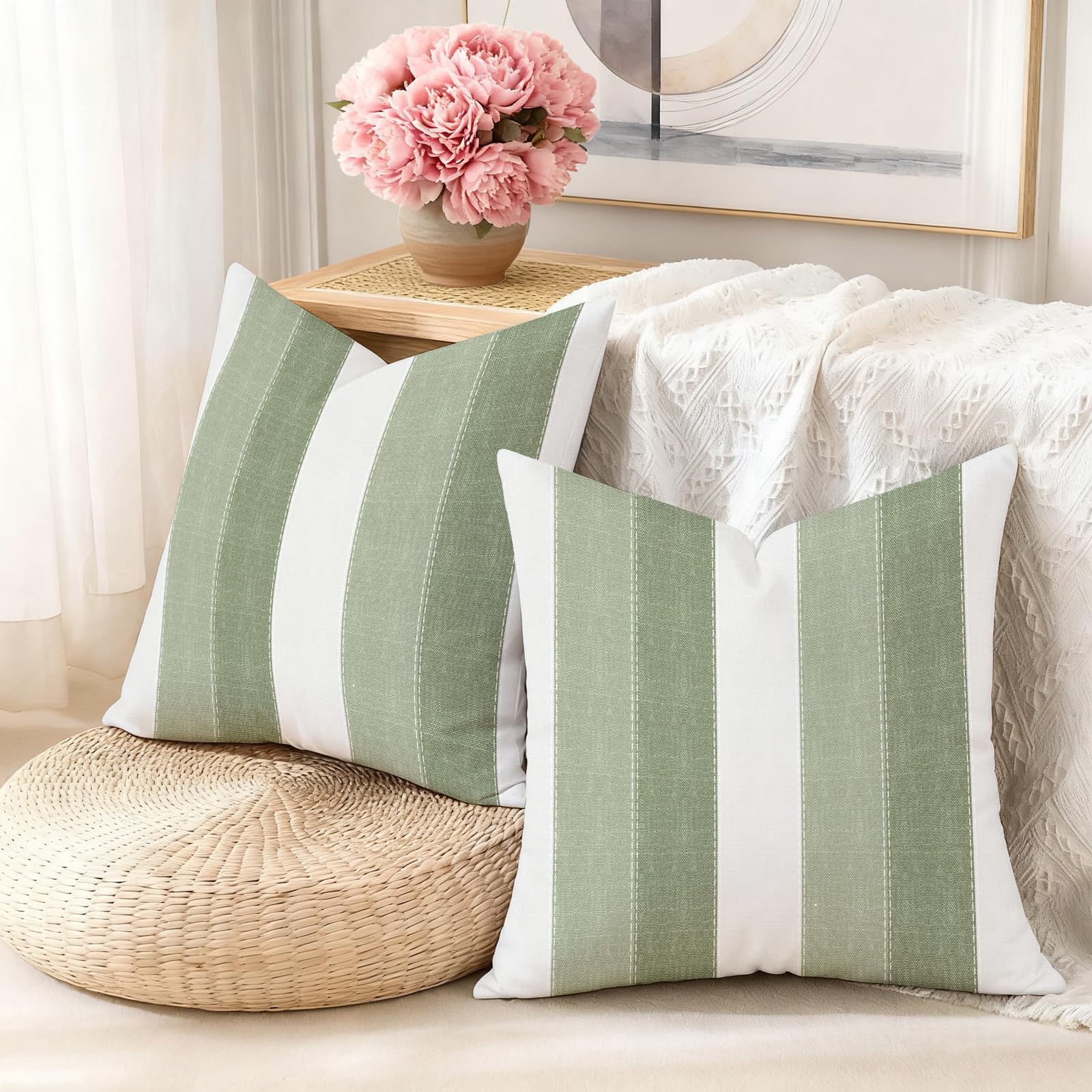Juego de 2 Rayas Funda de Cojíns Decorativas 30 x 50 Moderna Blanco Funda de Almohada Verde Salvia Lino Cojine Decorativas Retro para Sofá Primavera Verano Exterior Jardin Patio