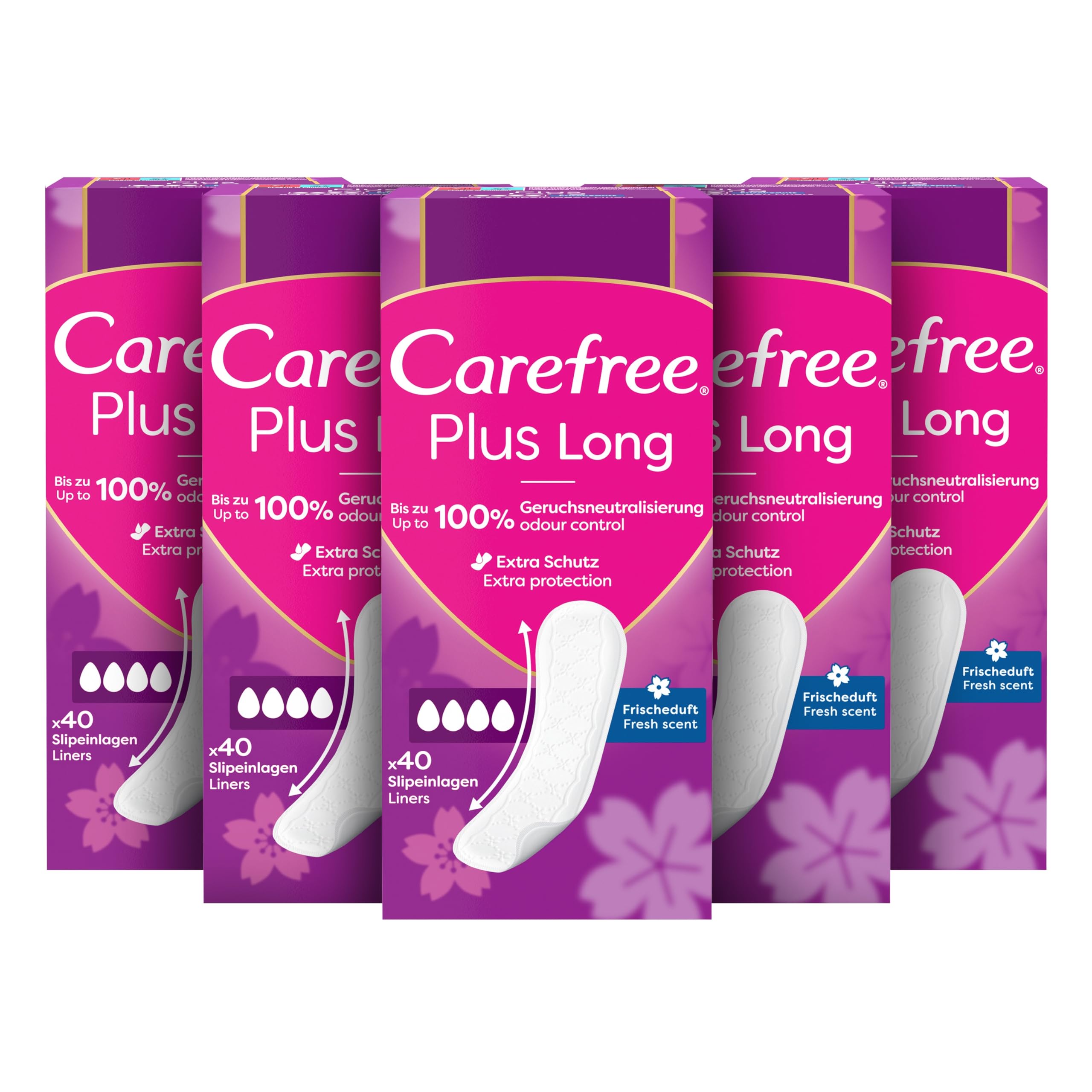 Carefree Wkładki Plus Long o świeżym zapachu (5 x 40 sztuk), super chłonne, aby natychmiast wlać płyny, rozmiar Plus Long