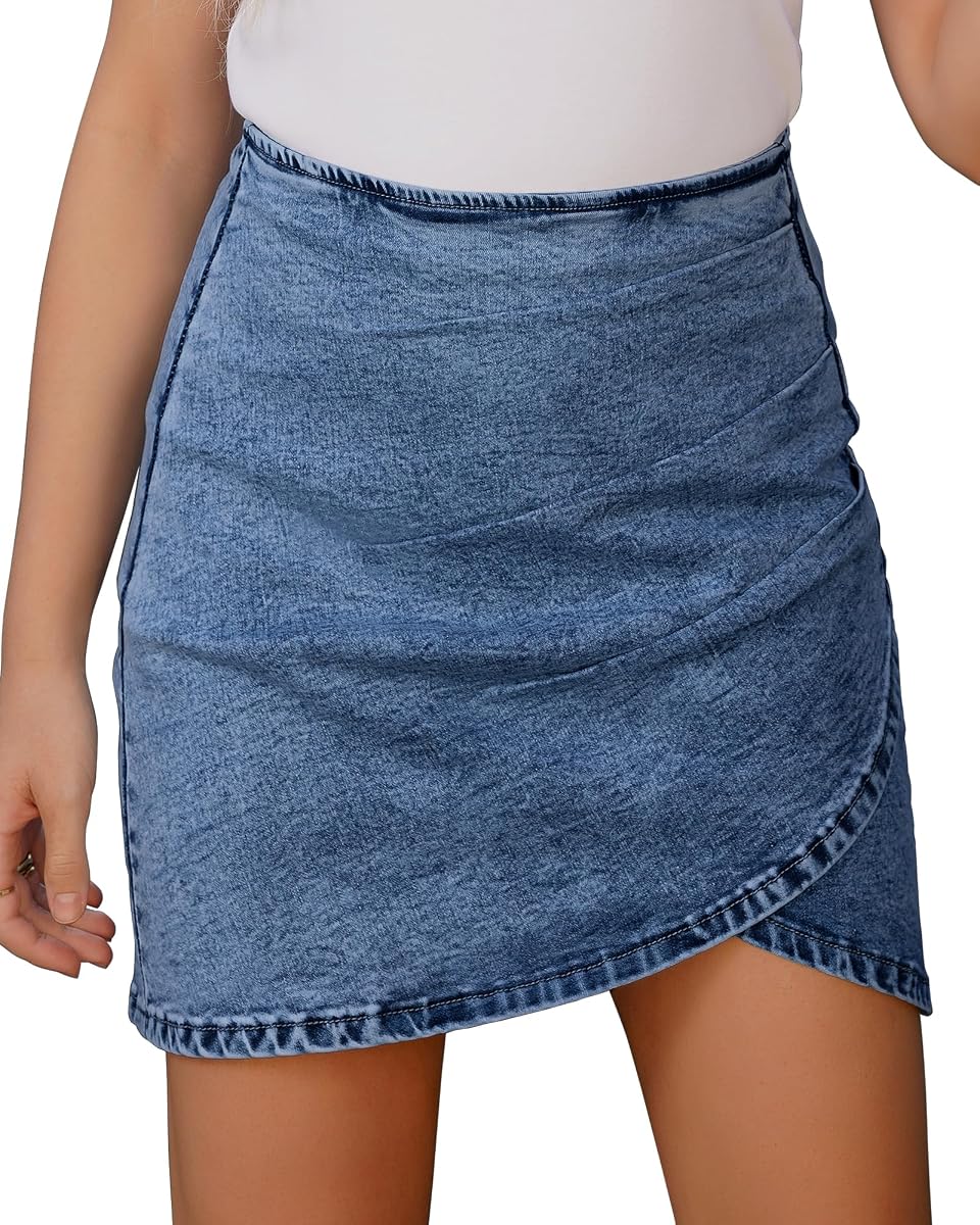 Vetinee Women's Tulip Hem Shirred Washed Casual Bodycon Short Jean Denim Skirt