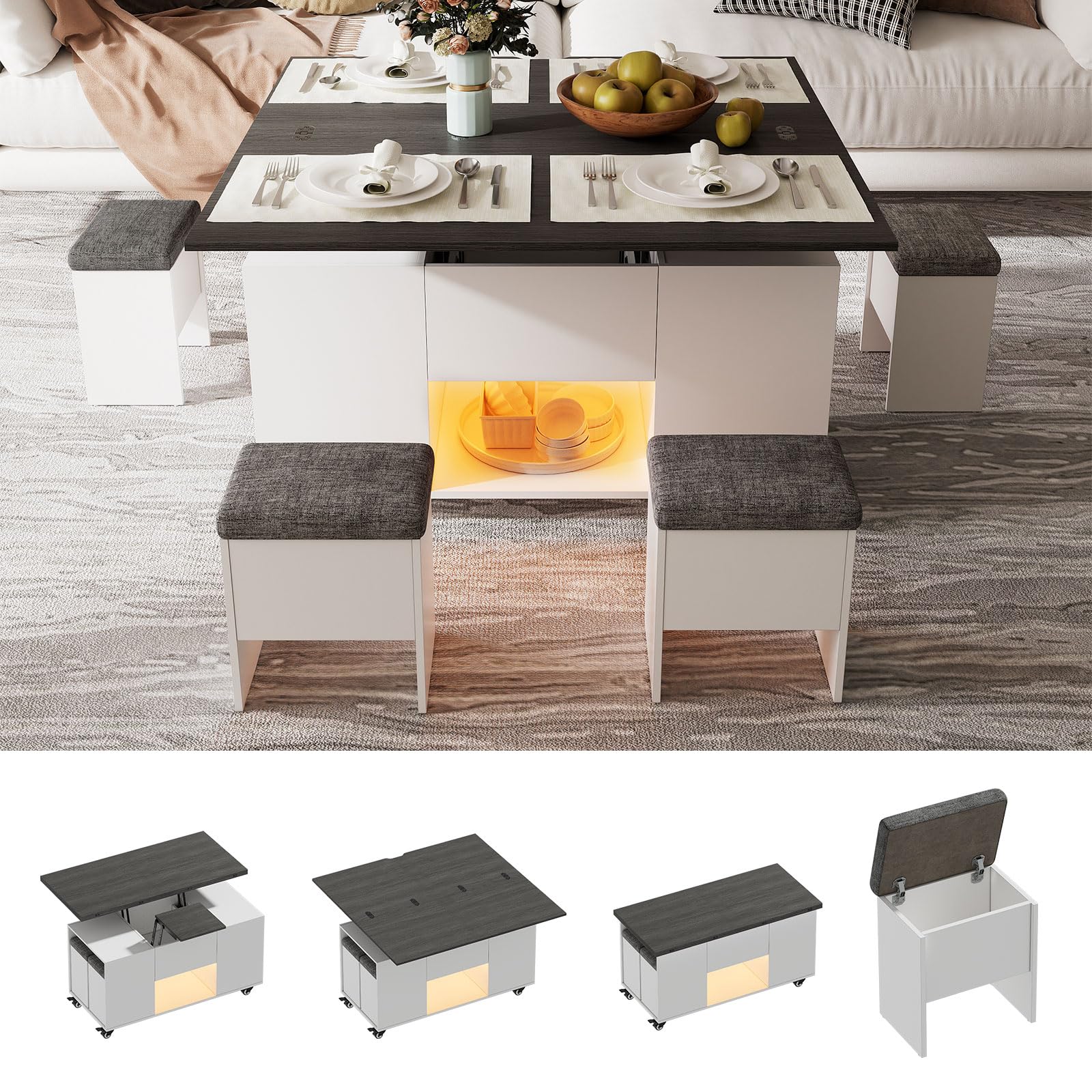 Couchtisch Umwandelbar in Wohnzimmer-Esstisch 4 in 1 Multifunktions-Wohnzimmertisch mit Stauraum & 4 Hockern Couchtisch Höhenverstellbar mit LED-Beleuchtung & Geräuscharmes Universalrad, Grau+Weiß