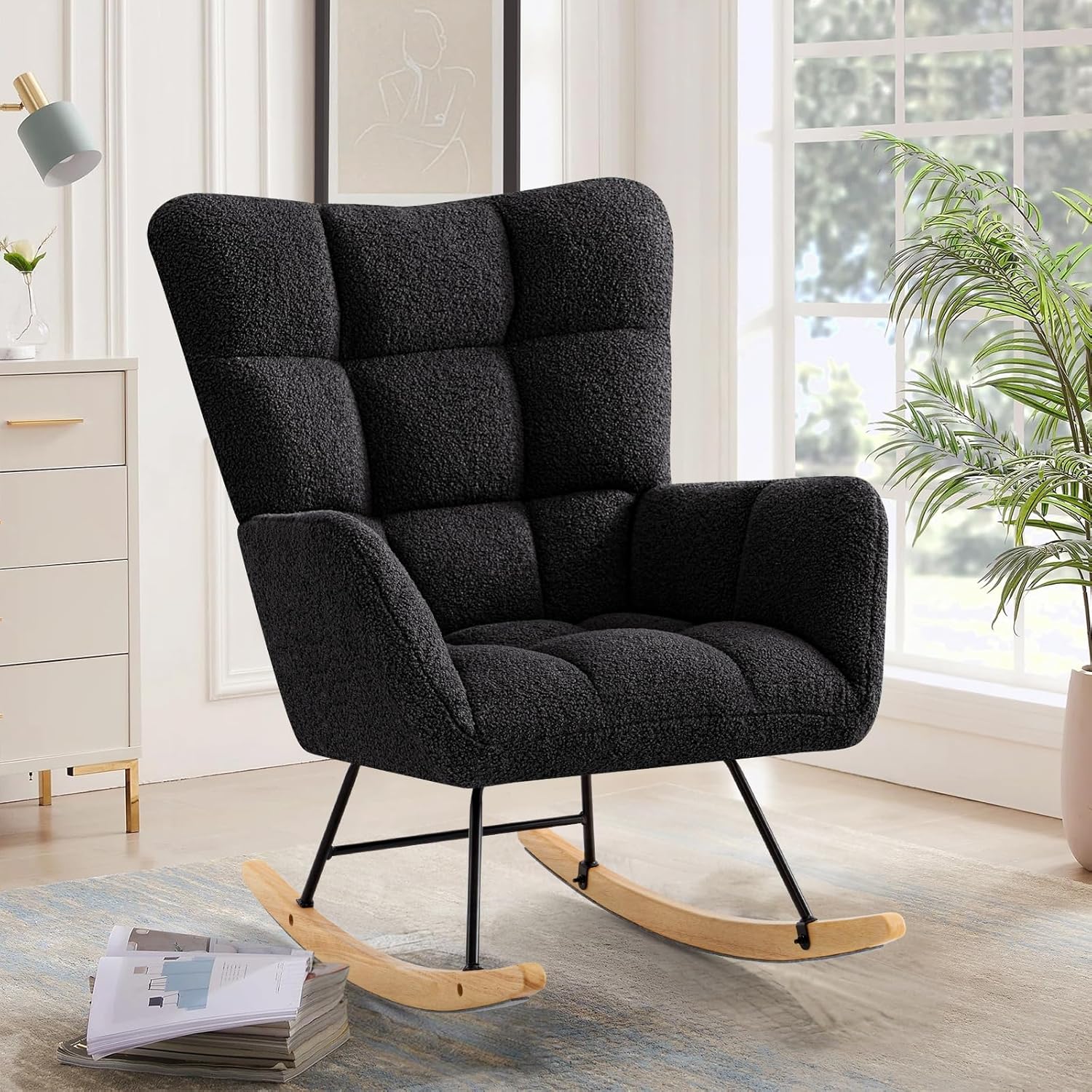 Furniliving Nursery Rocking Chair Upholstered Glider Rocking Chair Modern Accent Chair Padded Seat Reading Chair with High Backrest Comfy Chair for Living Room, Bedroom, Nursery, Black, Teddy