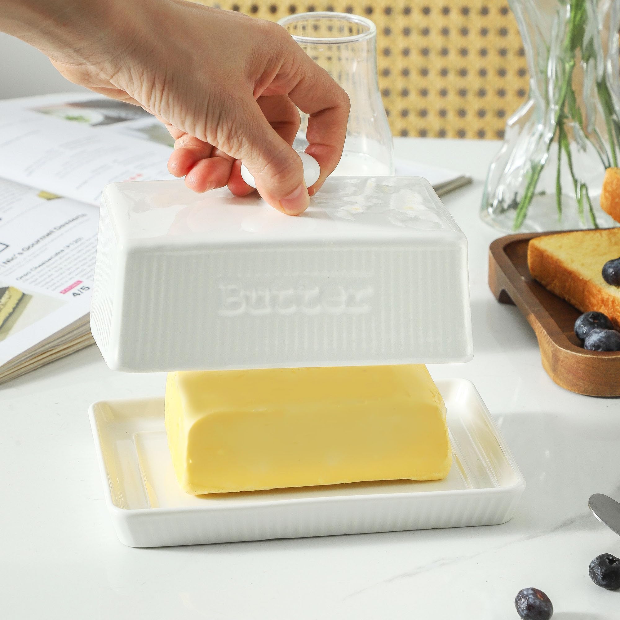 weiß Butterdose Keramik für 250g Butter, rechteckige Butterglocke, Butterschale mit Deckel und Griff, Butterbox Spülmaschinenfest, Butterbehälter im Landhausstil für Haus und Küche