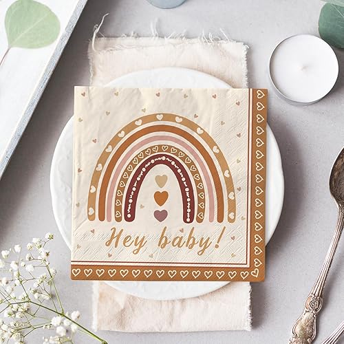 Miniatura 6 de AnyDesign Paquete de 80 servilletas de papel boho arcoíris Hey Baby Party Luncheon Servilletas retro desechables decorativas para baby shower,