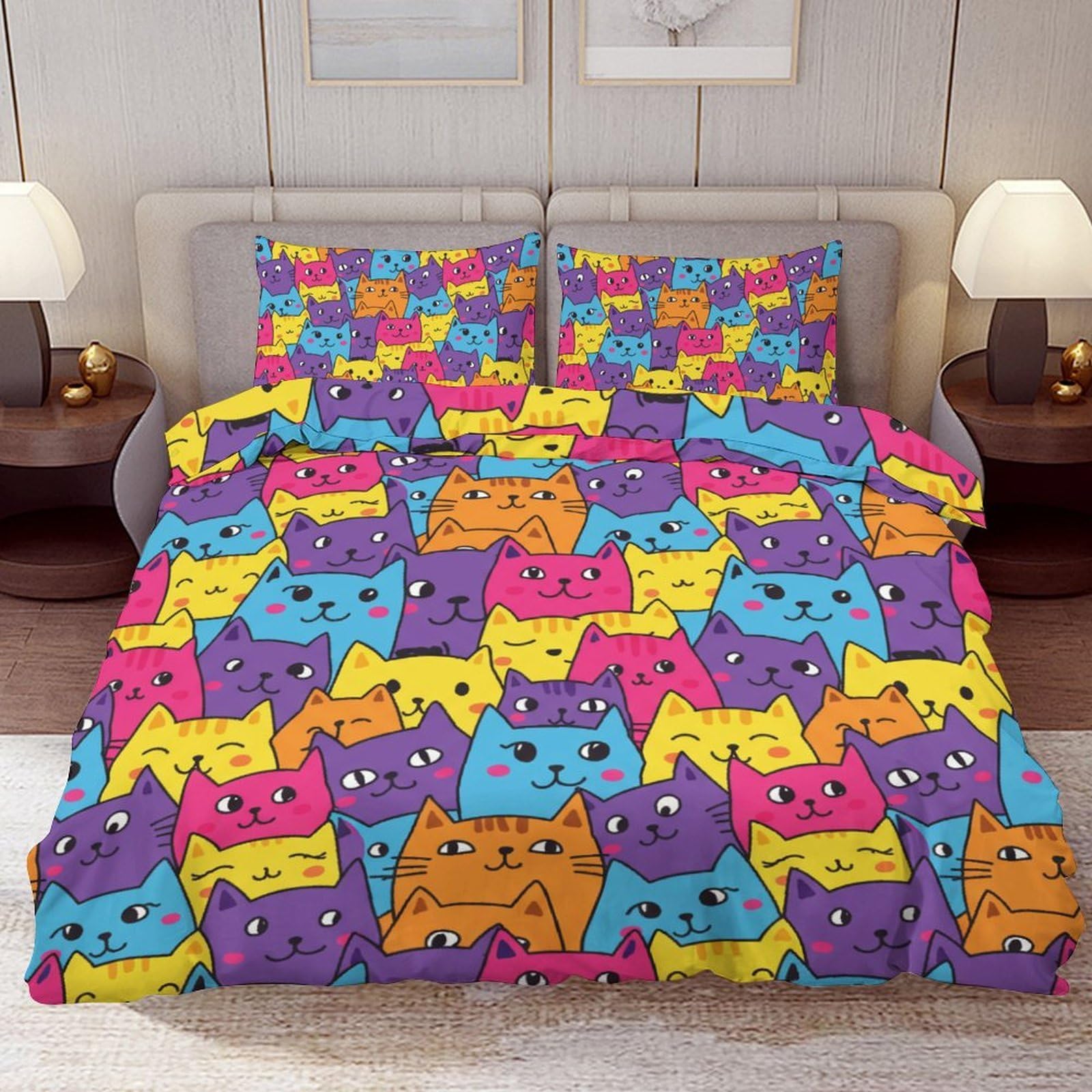 Delerain Comforter Cover Set Queen Size, Colorful Cartoon Cat 3-Piece Bedding Set for Women Men Modern Soft Microfiber Bedroom Set Room Decor, 1 Duvet Cover + 2 Pillowcases